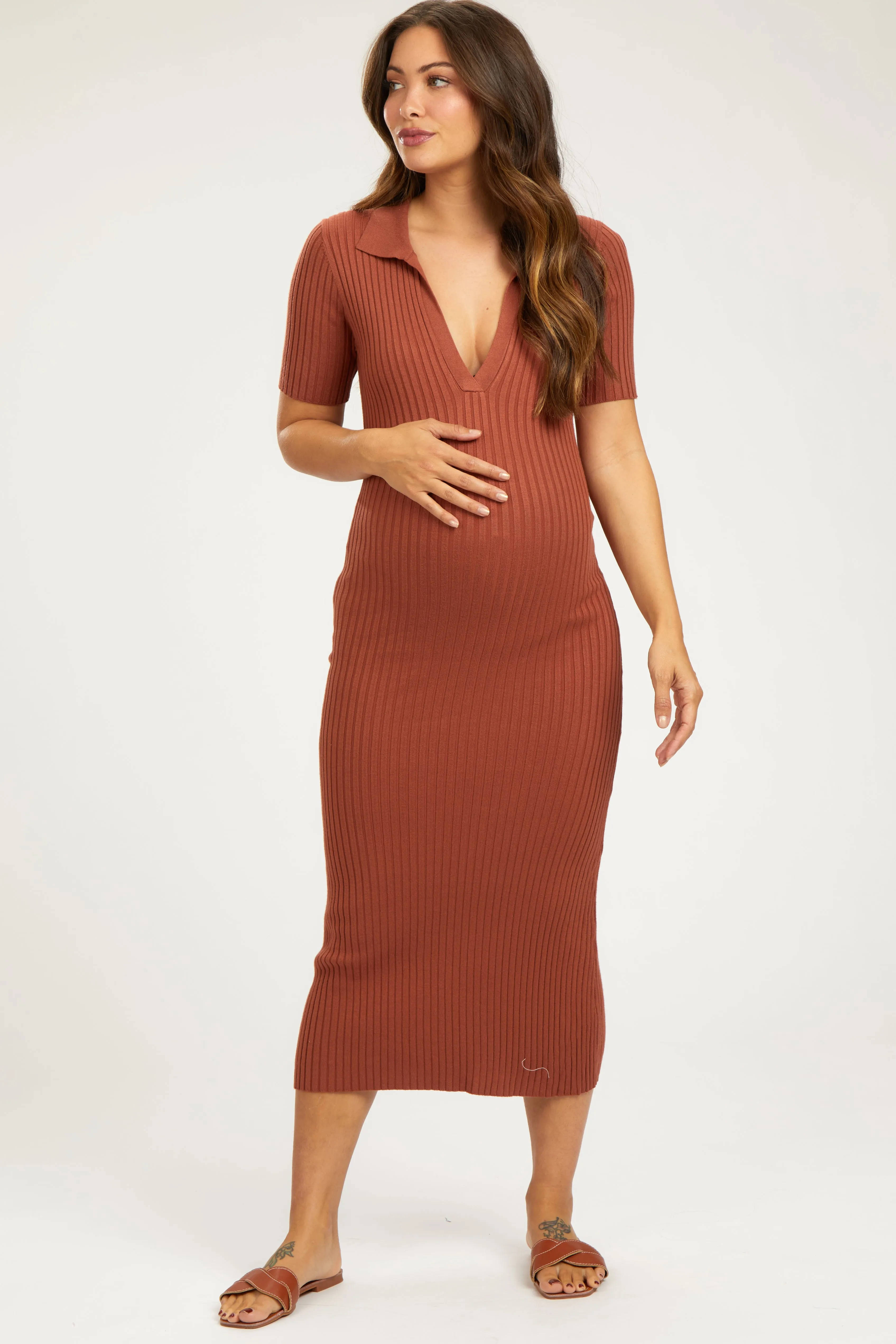 Rust Ribbed Collared V-Neck Maternity Midi Dress sold by Pinkblush