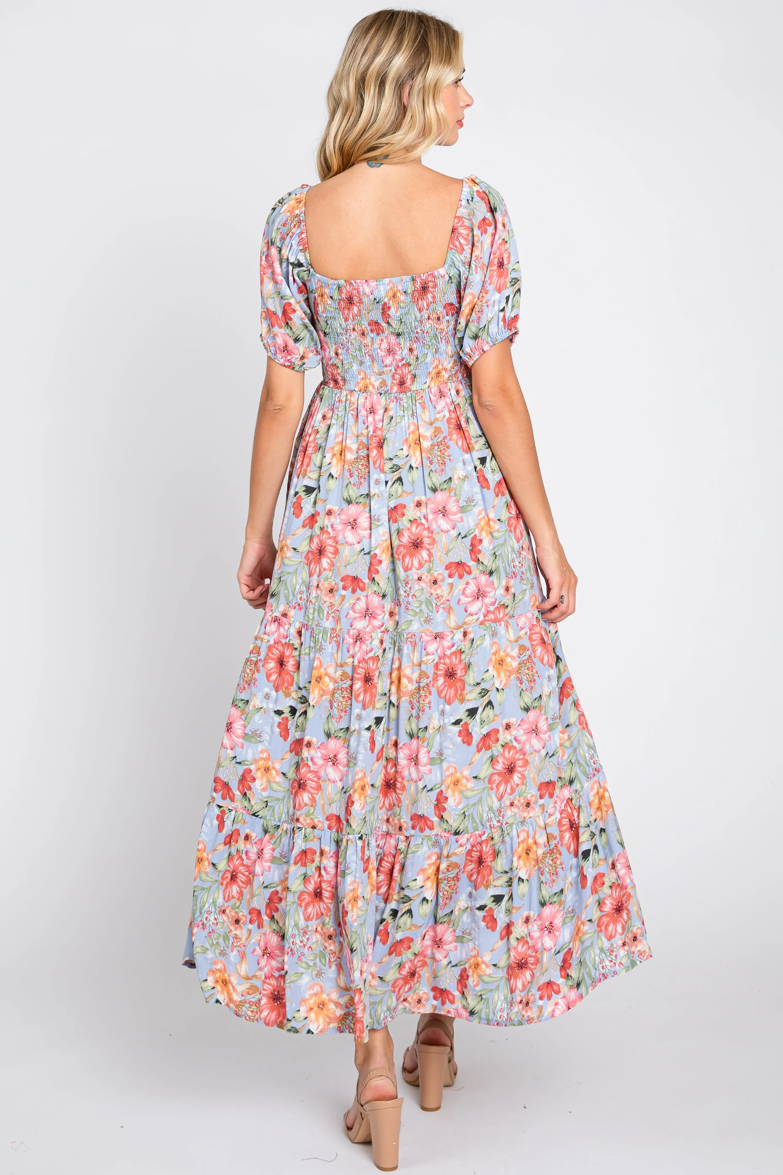 Blue Floral Smocked Square Neck Tiered Maxi Dress sold by Pinkblush product image thumbnail 3