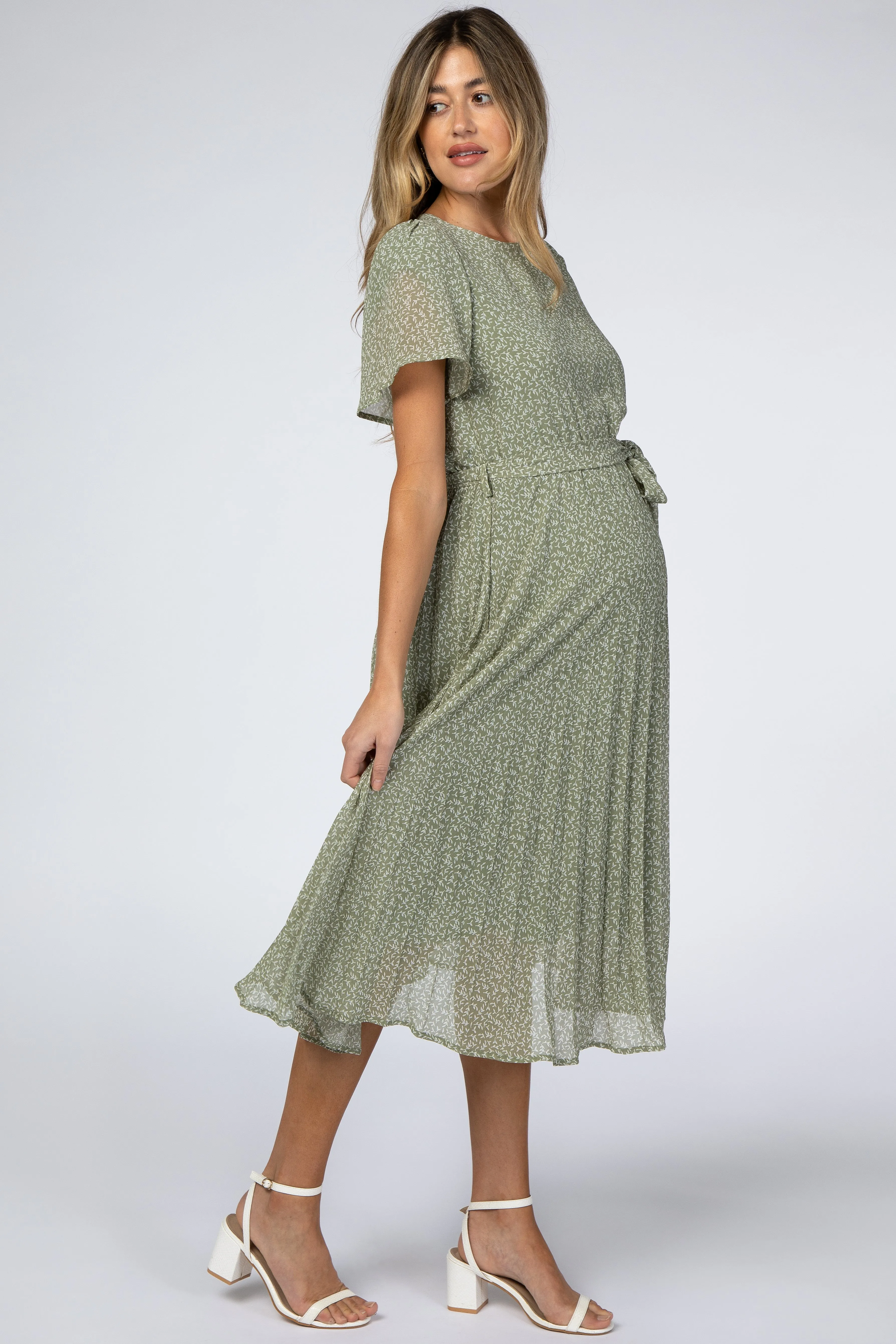 Light Olive Leaf Print Pleated Maternity Midi Dress sold by Pinkblush product image thumbnail 3