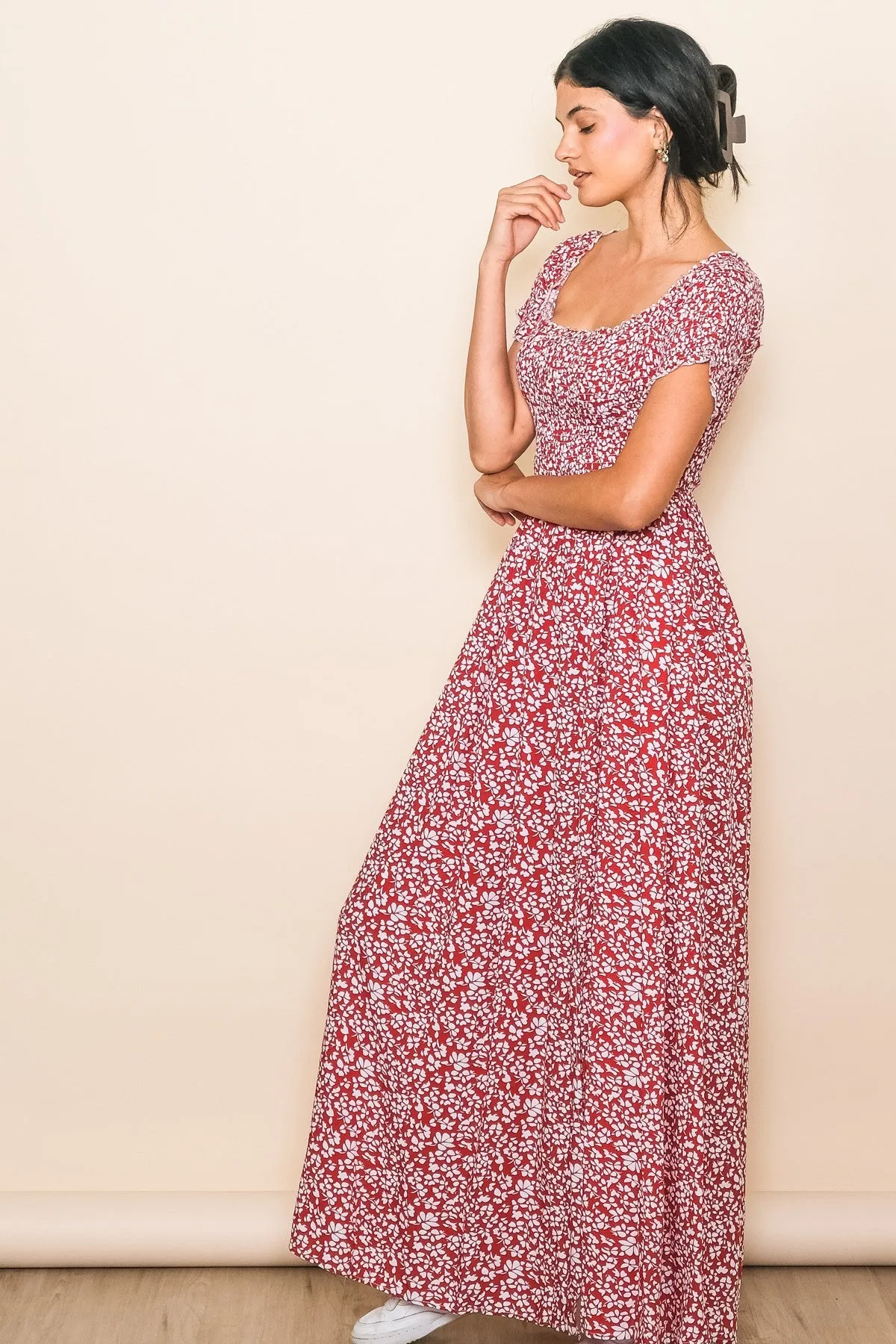 Red Floral Smocked Fitted Sleeve Side Slit Maxi Dress sold by Pinkblush product image thumbnail 2