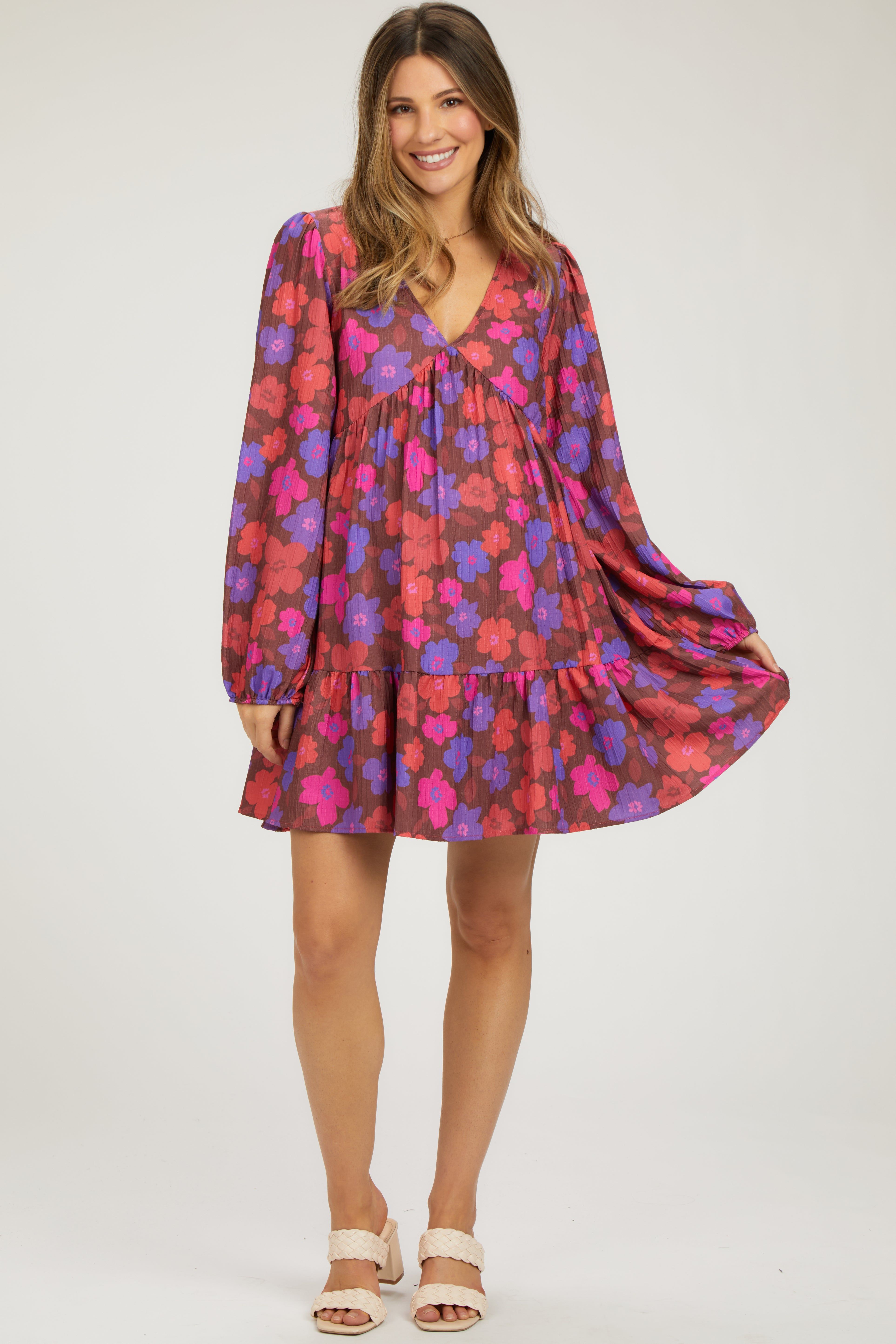 Brown Floral V-Neck Long Sleeve Maternity Dress sold by Pinkblush product image thumbnail 2