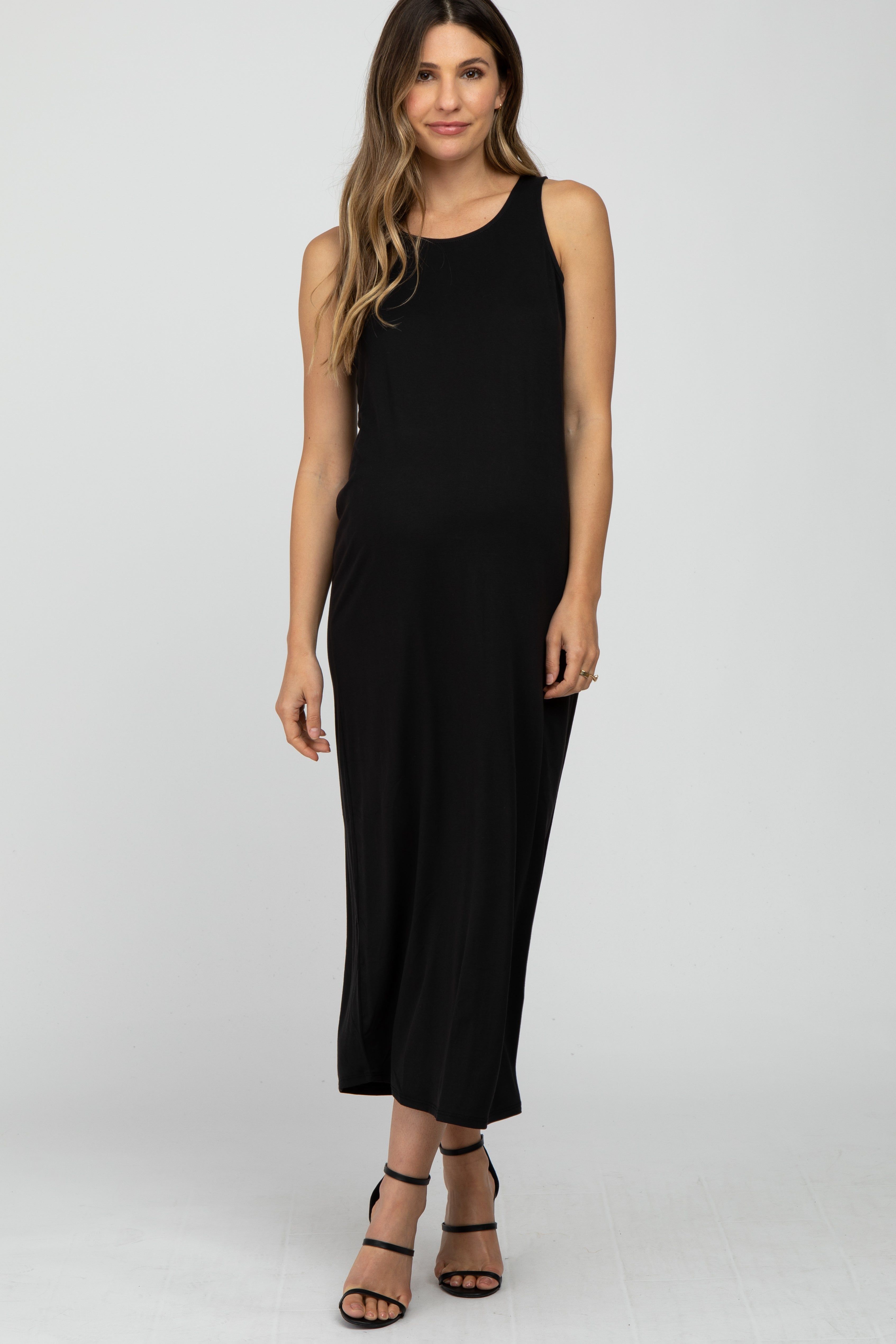 Black Solid Sleeveless Maternity Midi Dress sold by Pinkblush