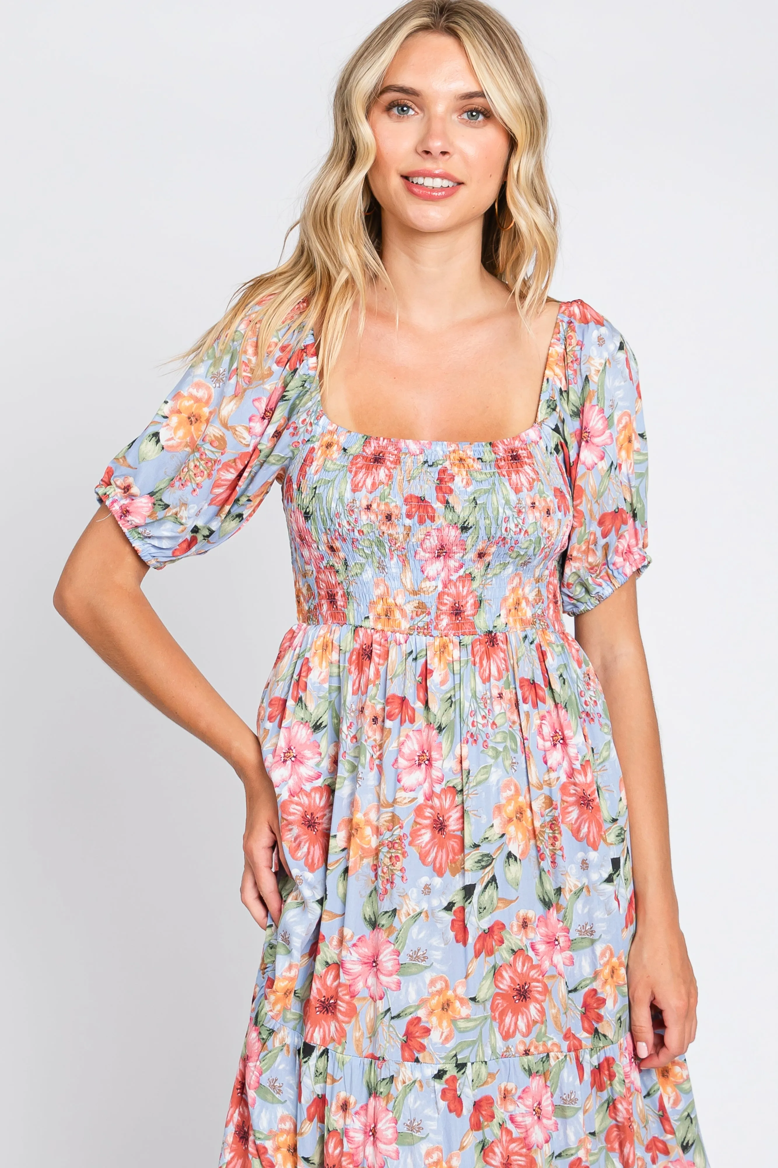 Blue Floral Smocked Square Neck Tiered Maxi Dress sold by Pinkblush product image thumbnail 4