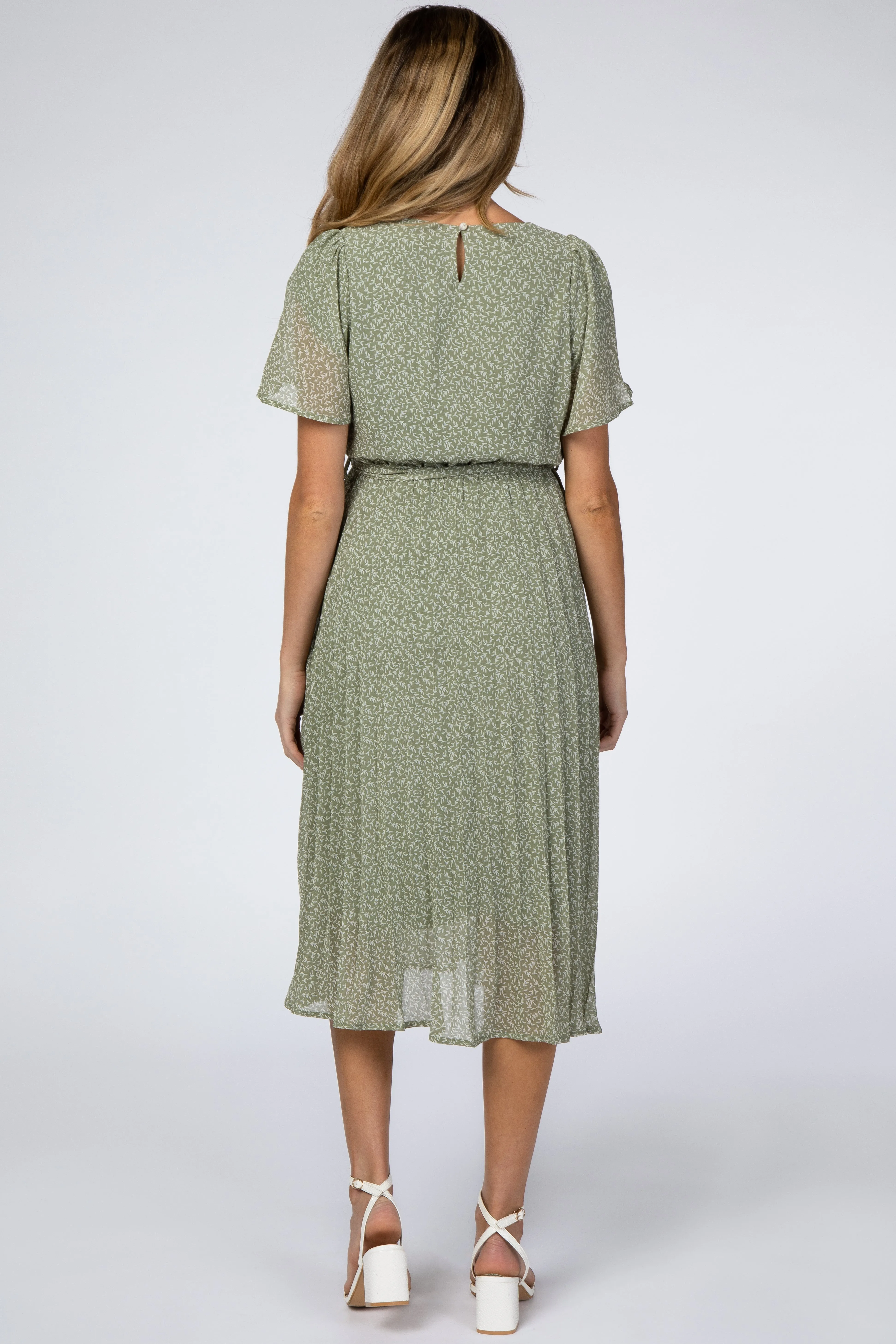 Light Olive Leaf Print Pleated Maternity Midi Dress sold by Pinkblush product image thumbnail 4