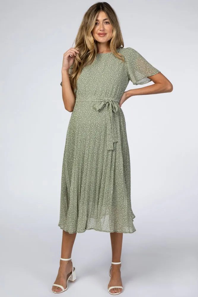 Light Olive Leaf Print Pleated Maternity Midi Dress sold by Pinkblush