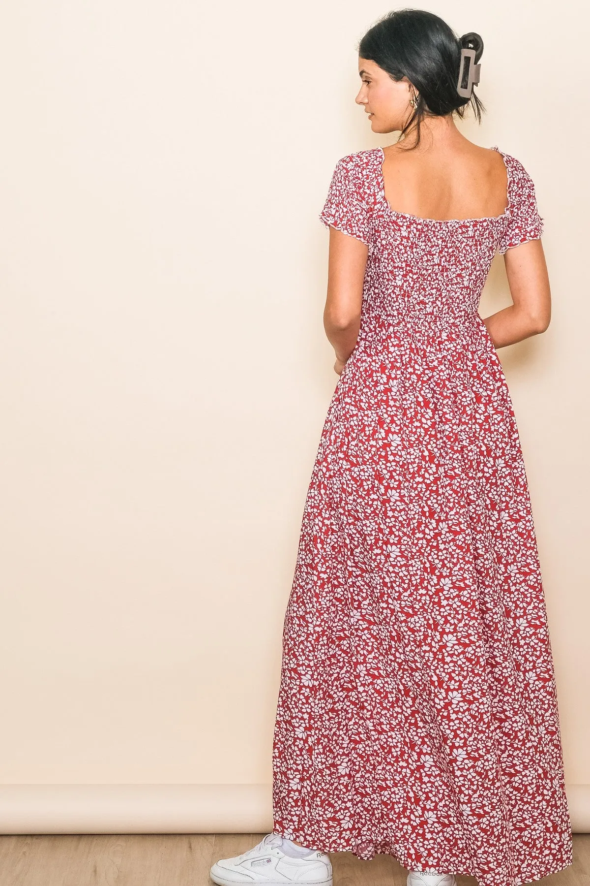 Red Floral Smocked Fitted Sleeve Side Slit Maxi Dress sold by Pinkblush product image thumbnail 3