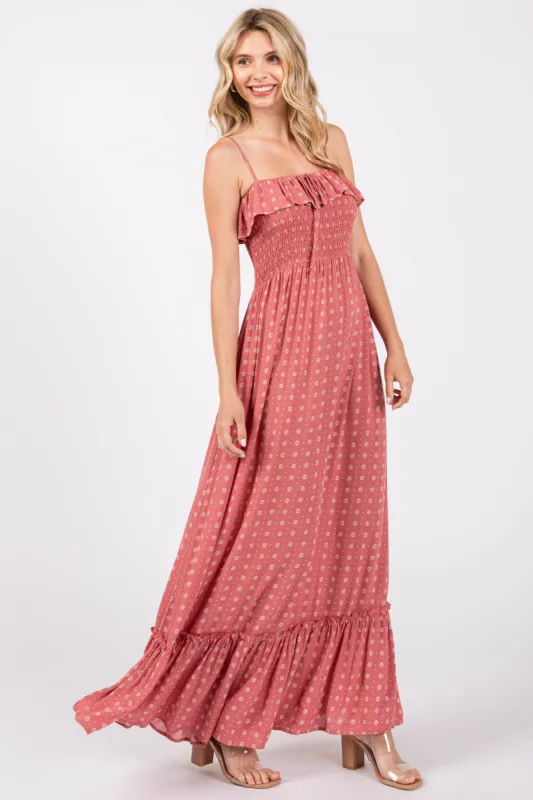 Mauve Smocked Sleeveless Floral Maxi Dress sold by Pinkblush