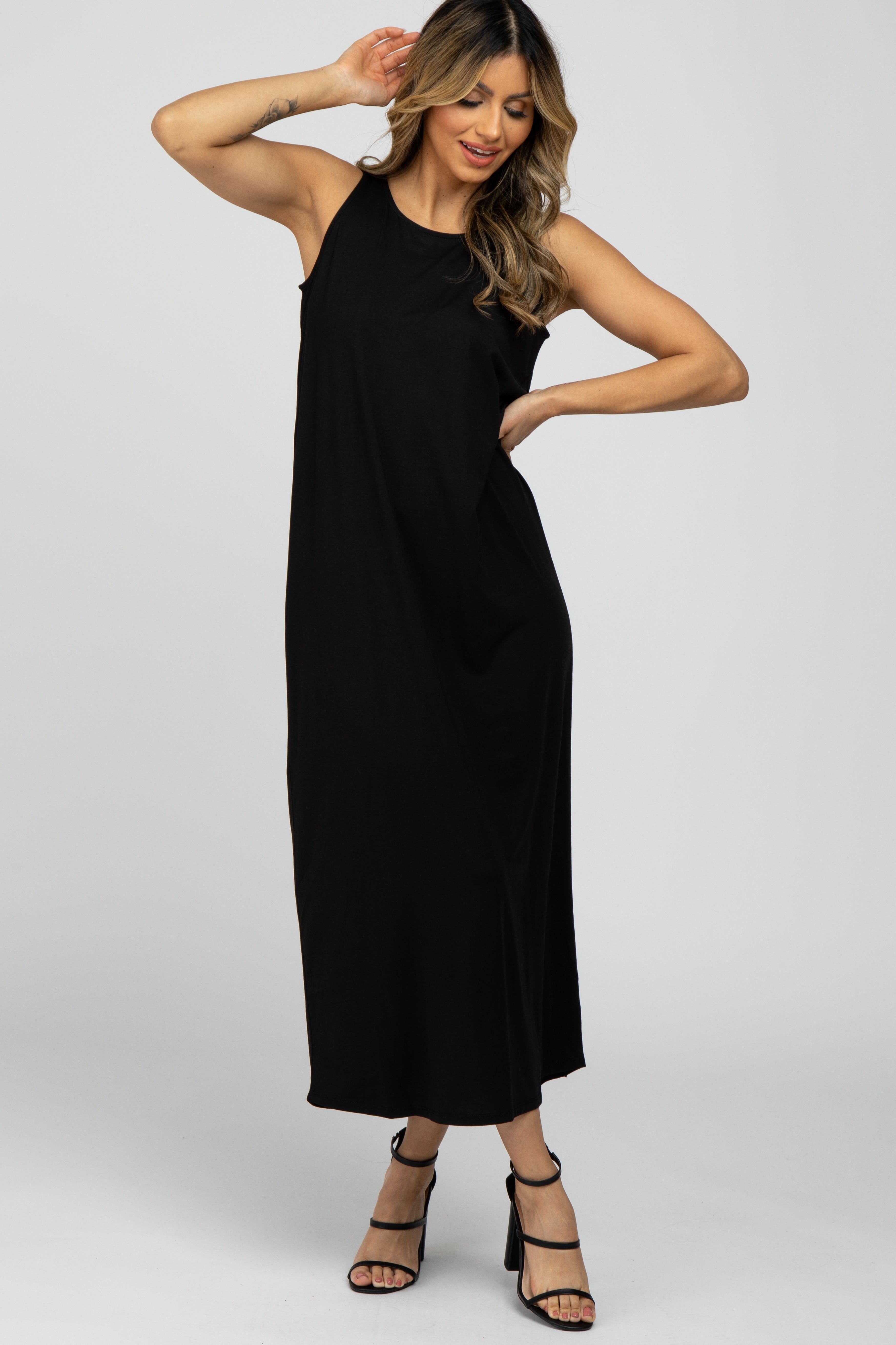 Black Solid Sleeveless Maternity Midi Dress sold by Pinkblush product image thumbnail 5