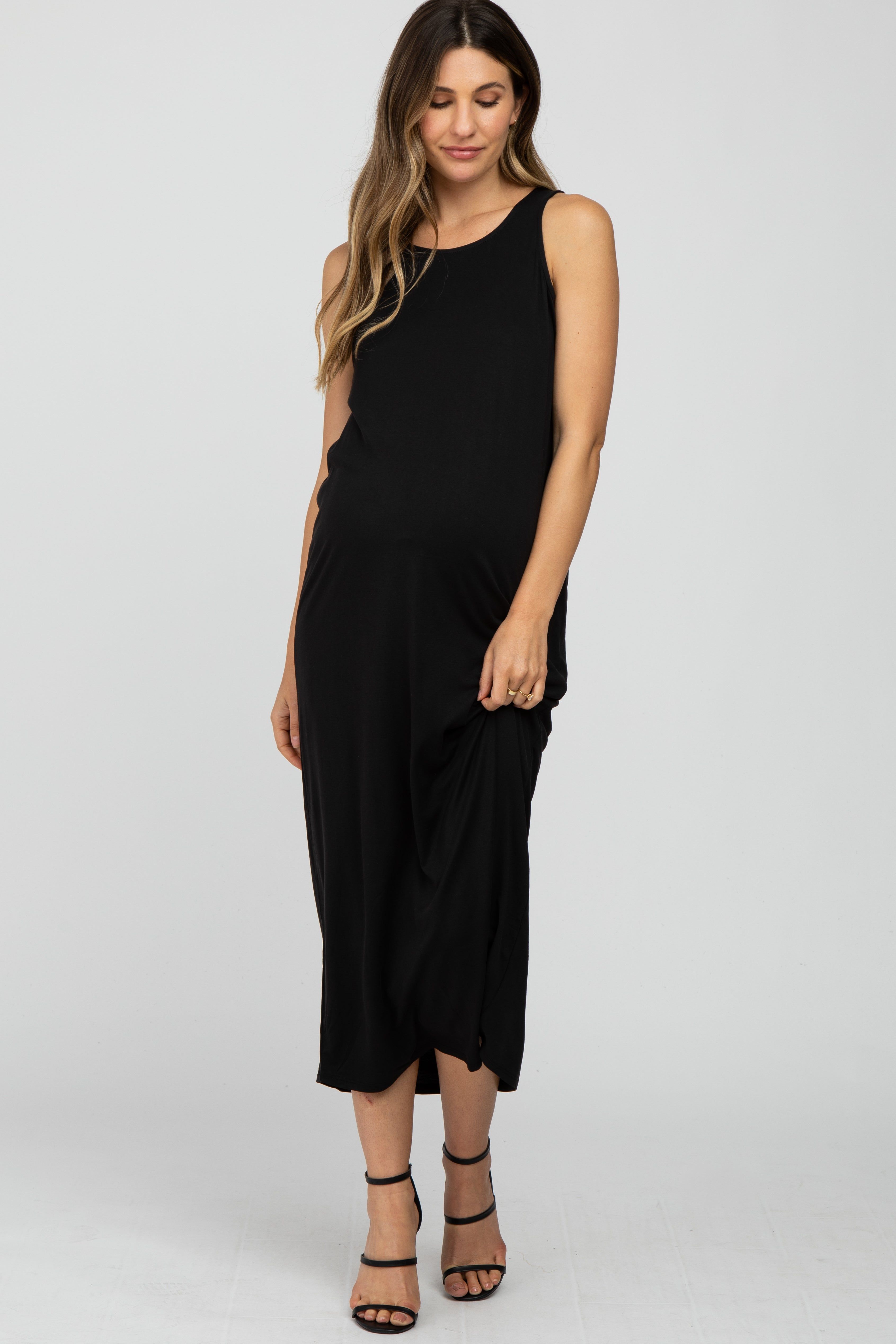 Black Solid Sleeveless Maternity Midi Dress sold by Pinkblush product image thumbnail 2