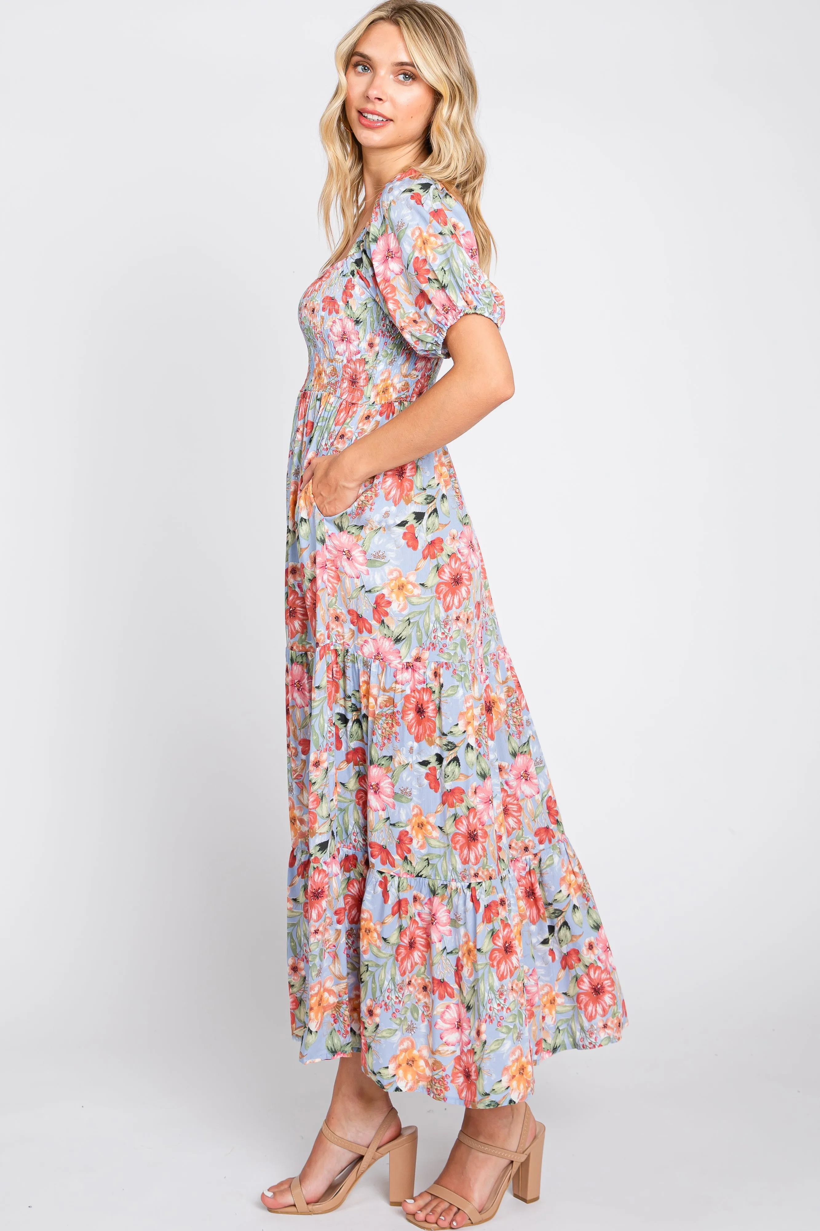 Blue Floral Smocked Square Neck Tiered Maxi Dress sold by Pinkblush product image thumbnail 2