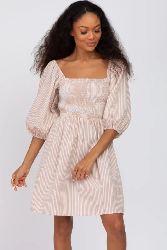 Taupe Striped Smocked Puff Sleeve Dress sold by Pinkblush
