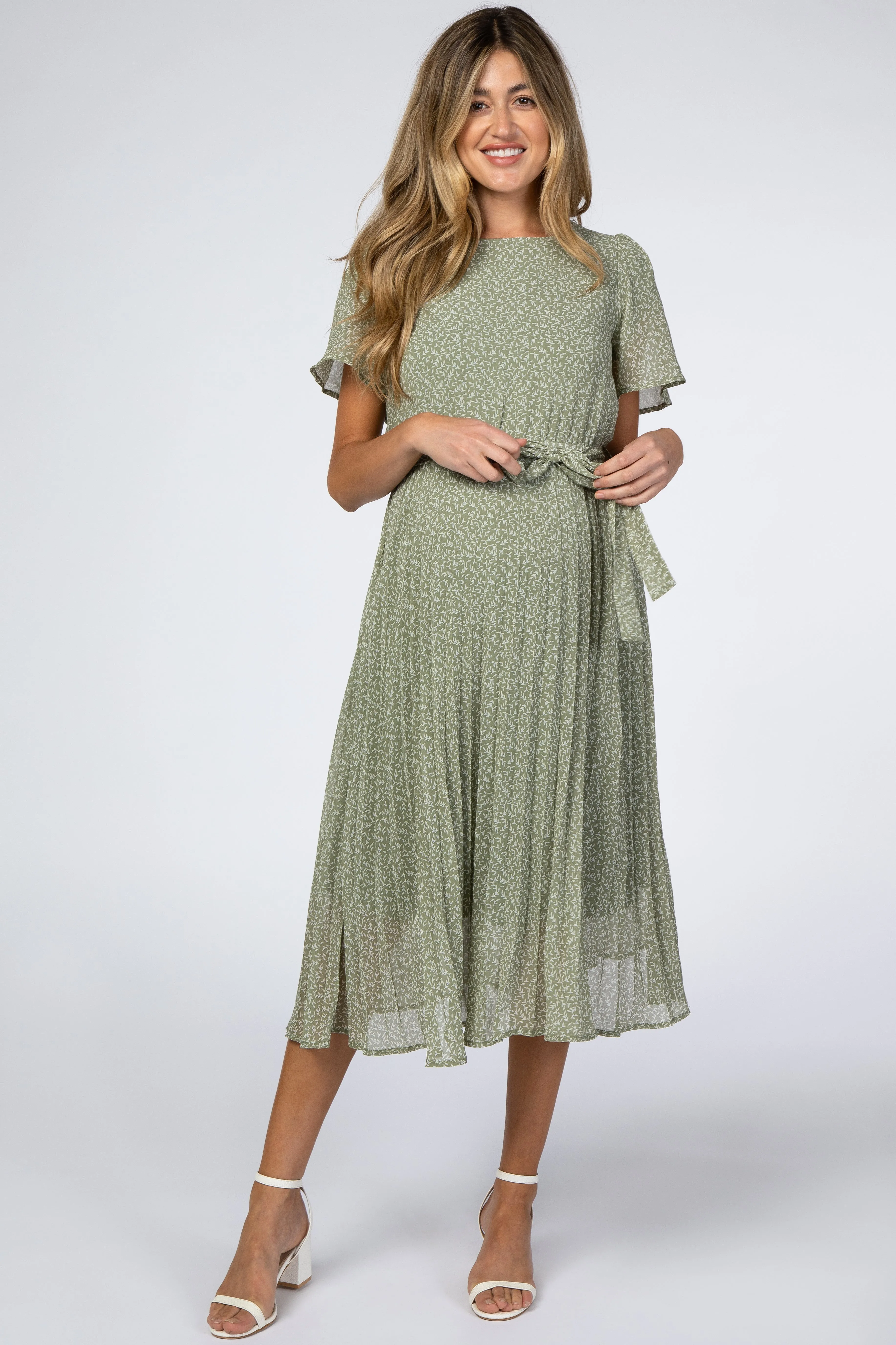 Light Olive Leaf Print Pleated Maternity Midi Dress sold by Pinkblush product image thumbnail 2