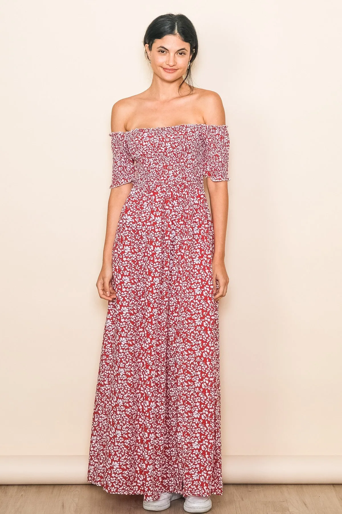 Red Floral Smocked Fitted Sleeve Side Slit Maxi Dress sold by Pinkblush product image thumbnail 4