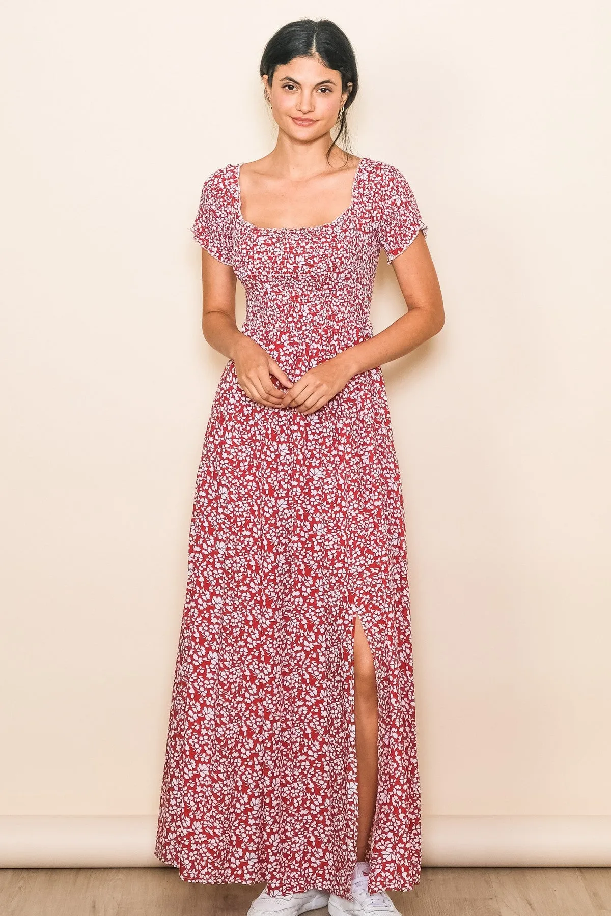 Red Floral Smocked Fitted Sleeve Side Slit Maxi Dress sold by Pinkblush