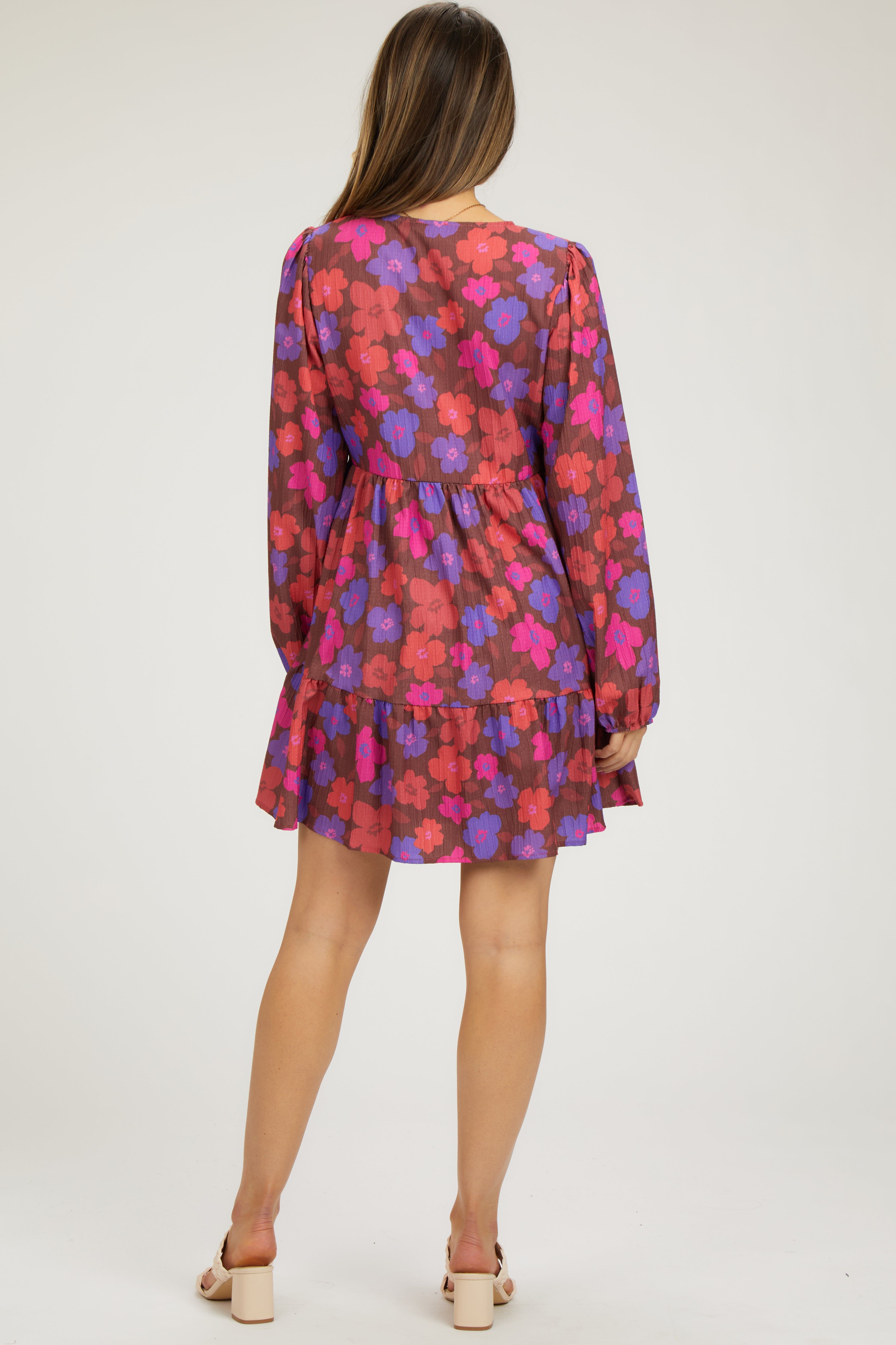 Brown Floral V-Neck Long Sleeve Maternity Dress sold by Pinkblush product image thumbnail 4