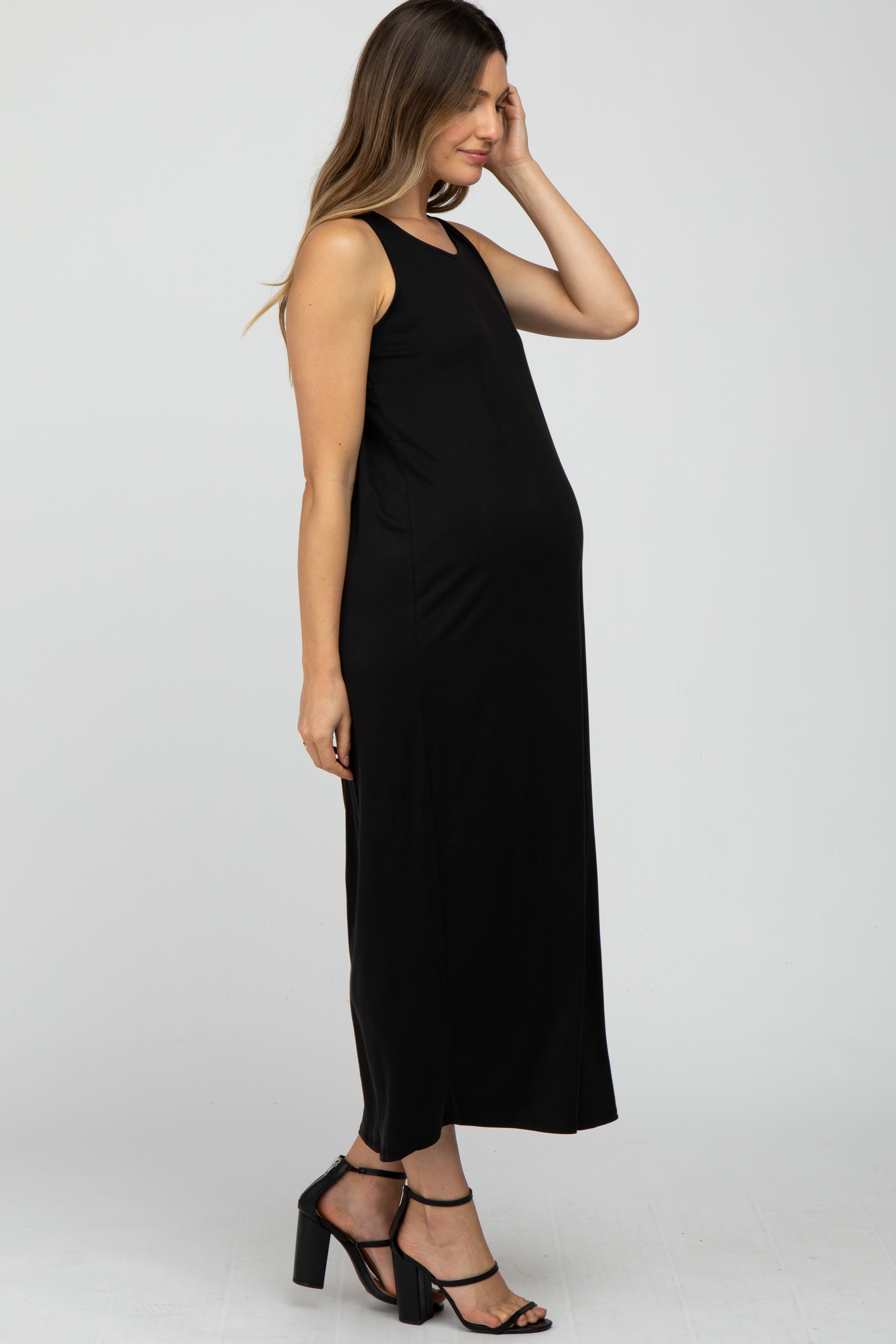 Black Solid Sleeveless Maternity Midi Dress sold by Pinkblush product image thumbnail 3