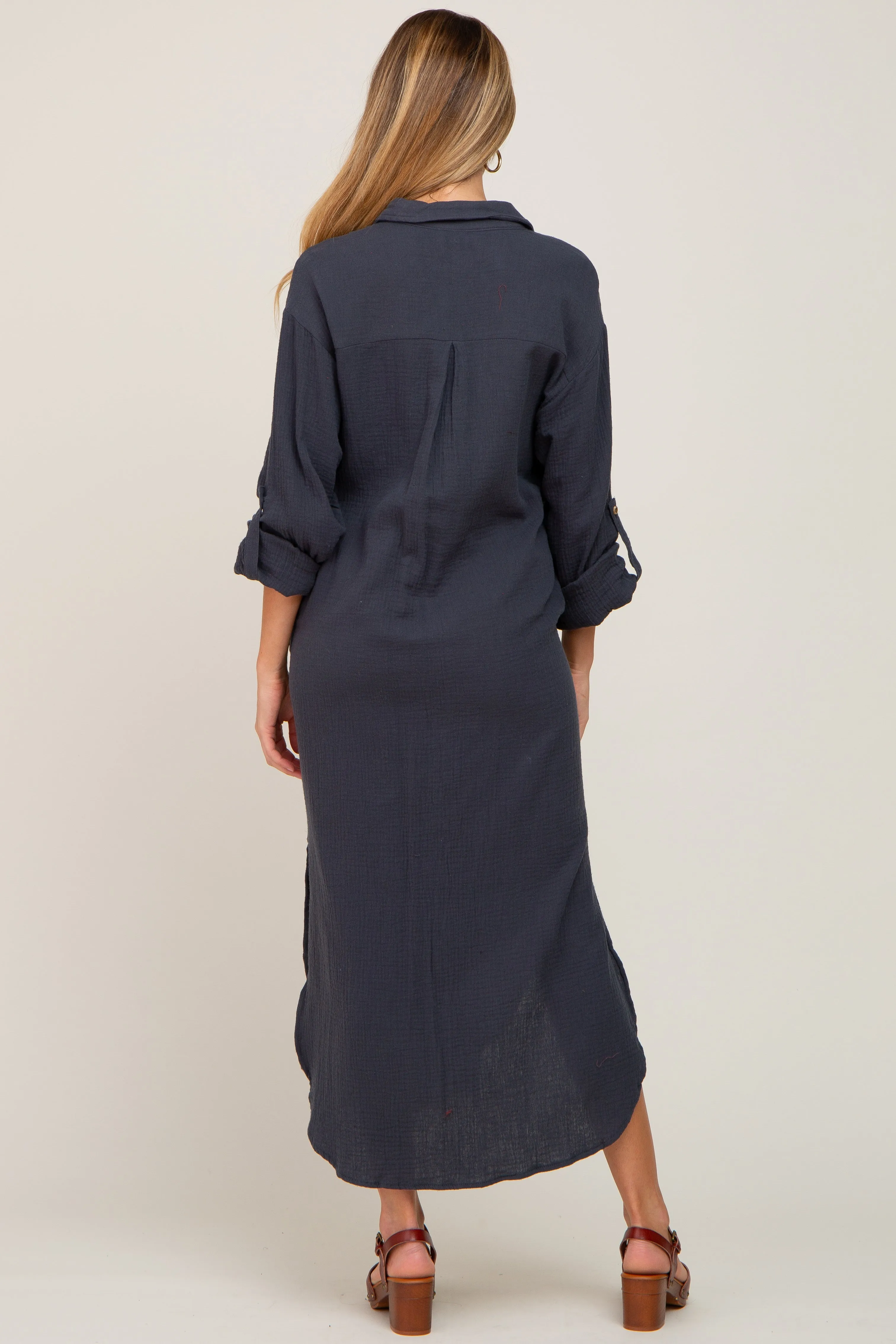 Charcoal Button Down 3/4 Sleeve Maternity Midi Dress sold by Pinkblush product image thumbnail 3
