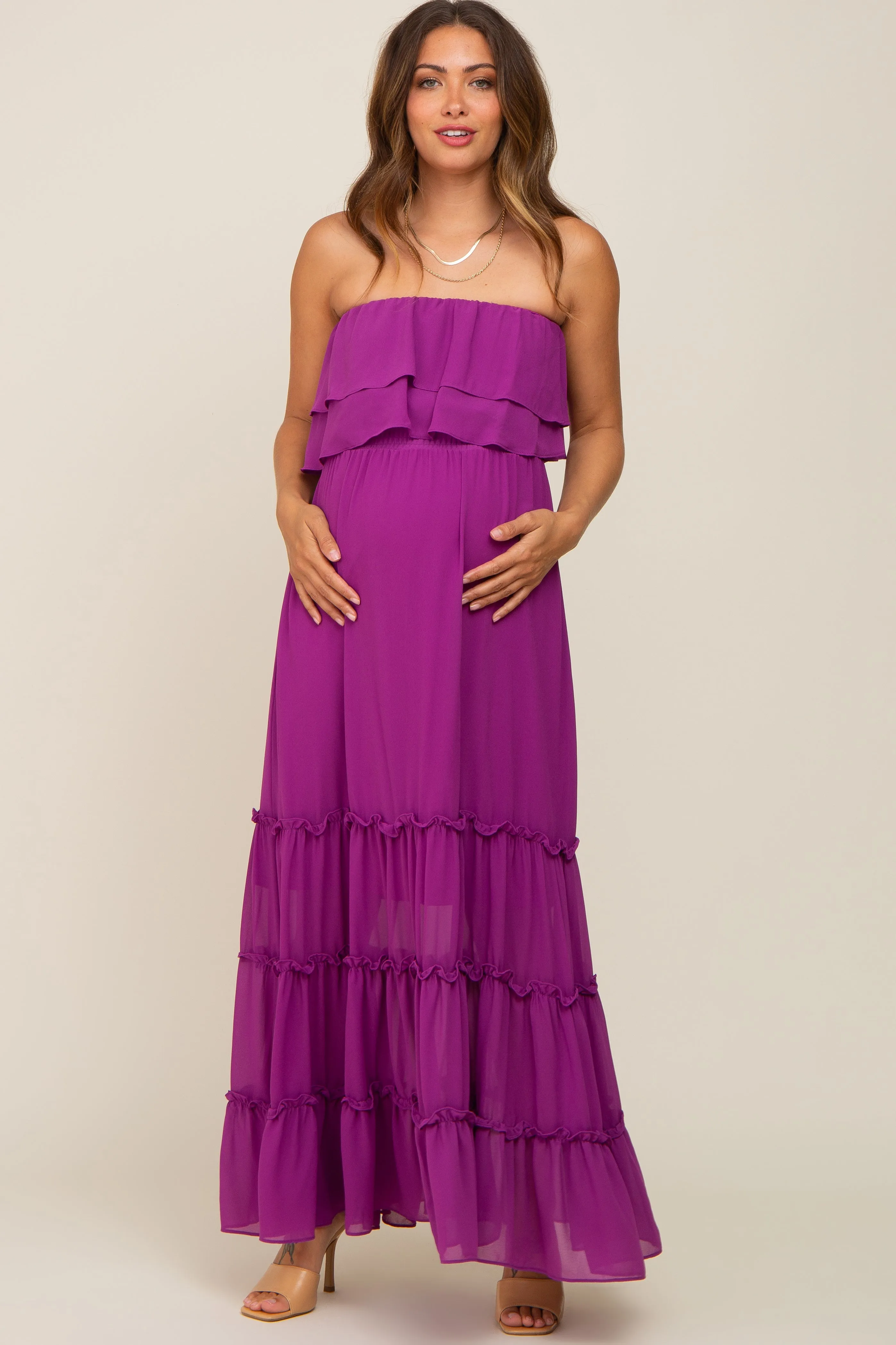 Purple Chiffon Strapless Ruffle Tiered Maternity Maxi Dress sold by Pinkblush product image thumbnail 4