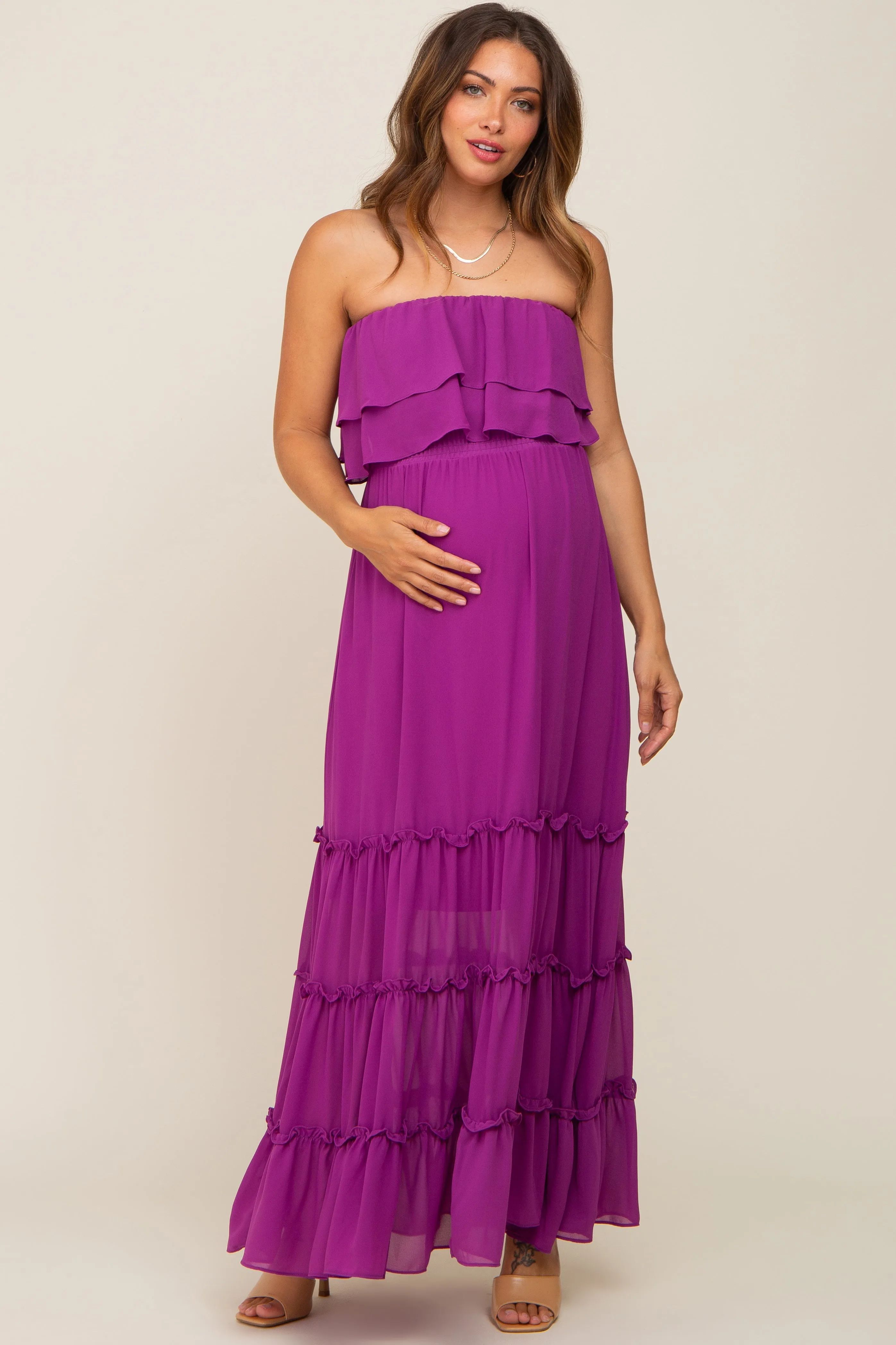 Purple Chiffon Strapless Ruffle Tiered Maternity Maxi Dress sold by Pinkblush