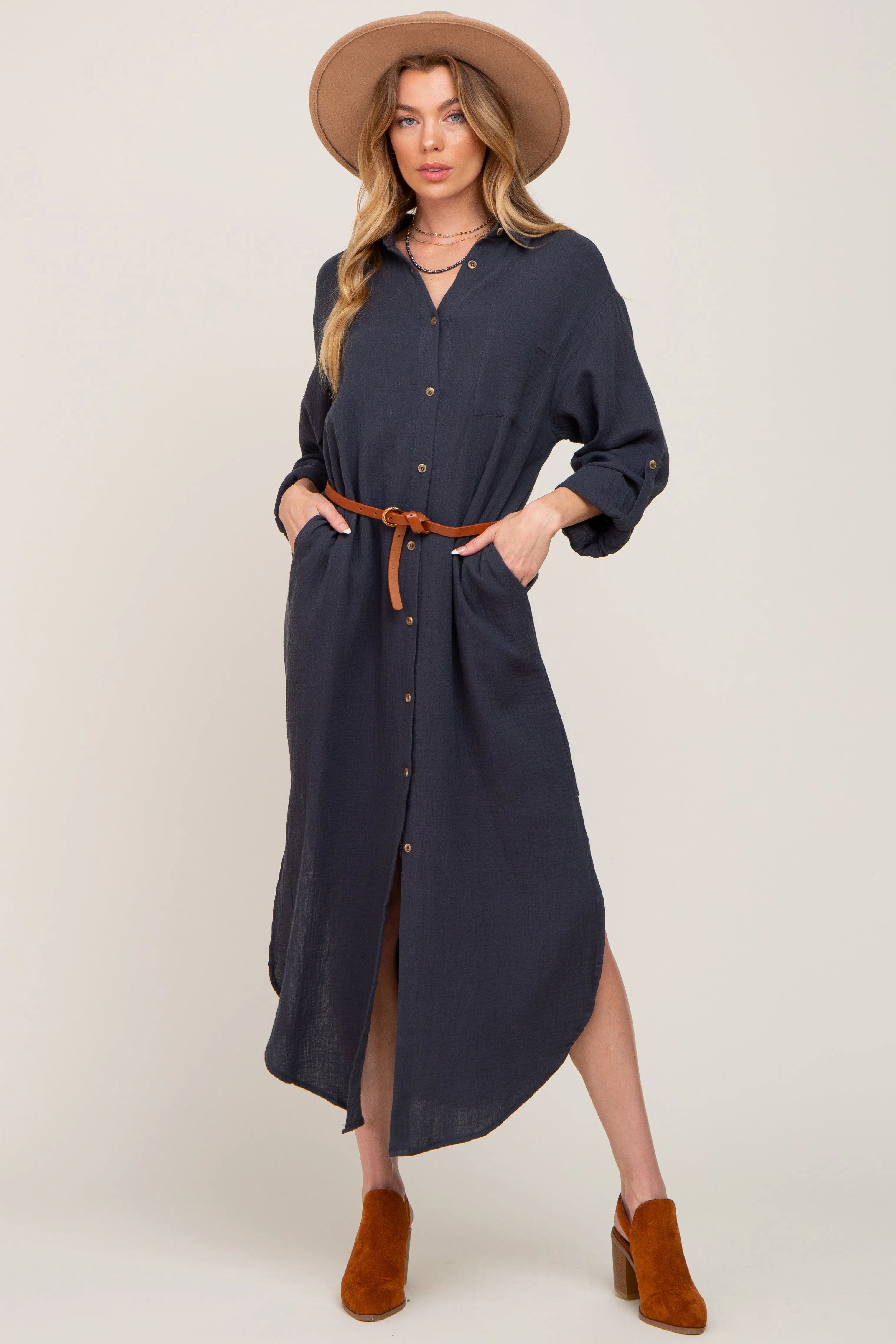 Charcoal Button Down 3/4 Sleeve Maternity Midi Dress sold by Pinkblush product image thumbnail 4