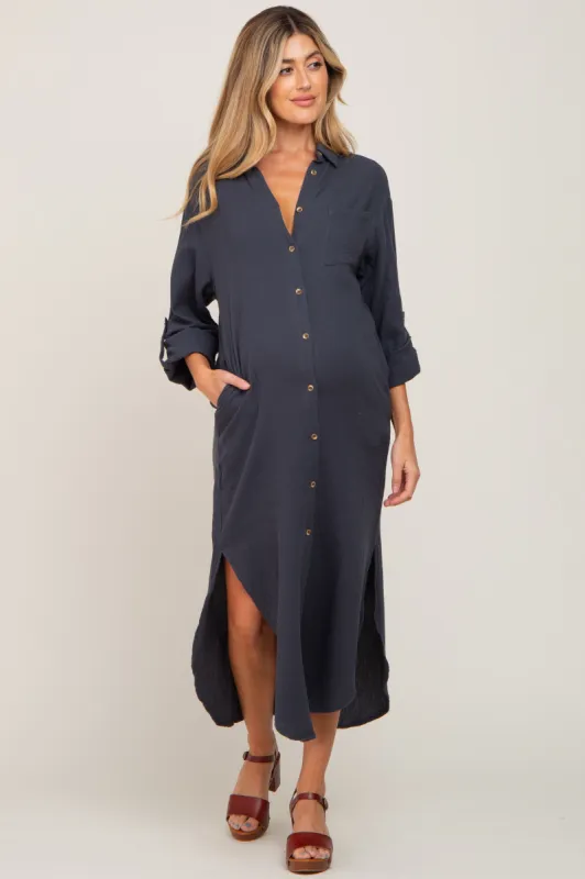 Charcoal Button Down 3/4 Sleeve Maternity Midi Dress sold by Pinkblush