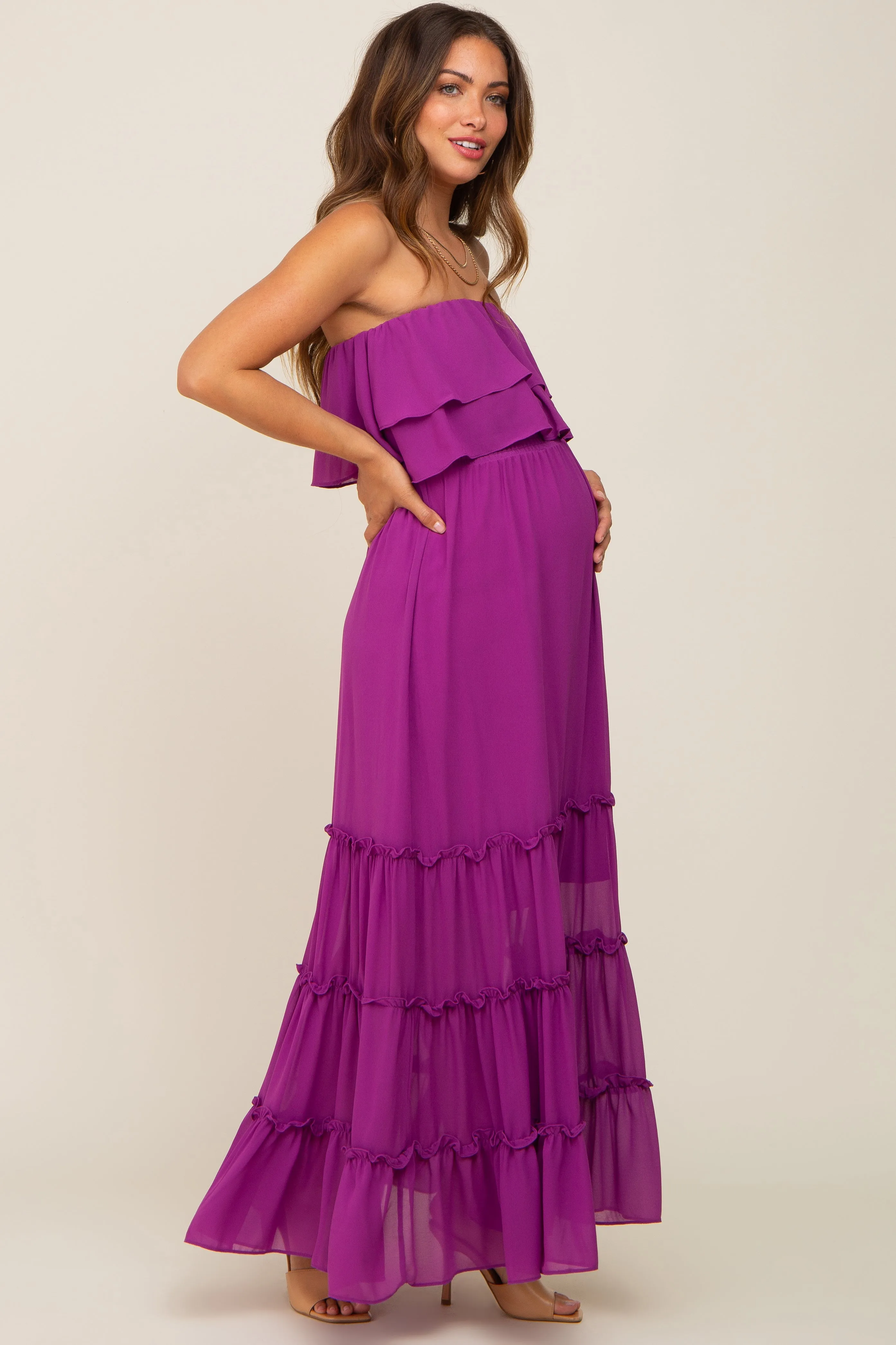 Purple Chiffon Strapless Ruffle Tiered Maternity Maxi Dress sold by Pinkblush product image thumbnail 2