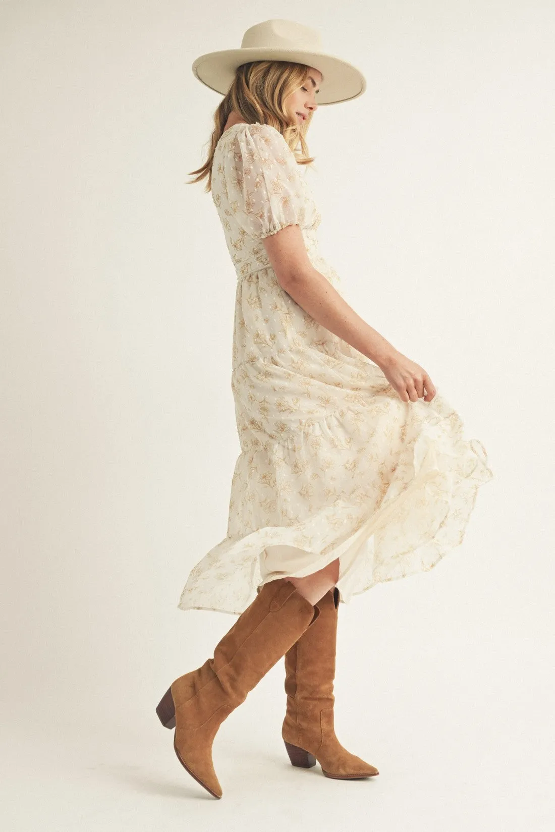 Cream Beige Floral And Swiss Dot Ruffled Midi Dress sold by Pinkblush product image thumbnail 4