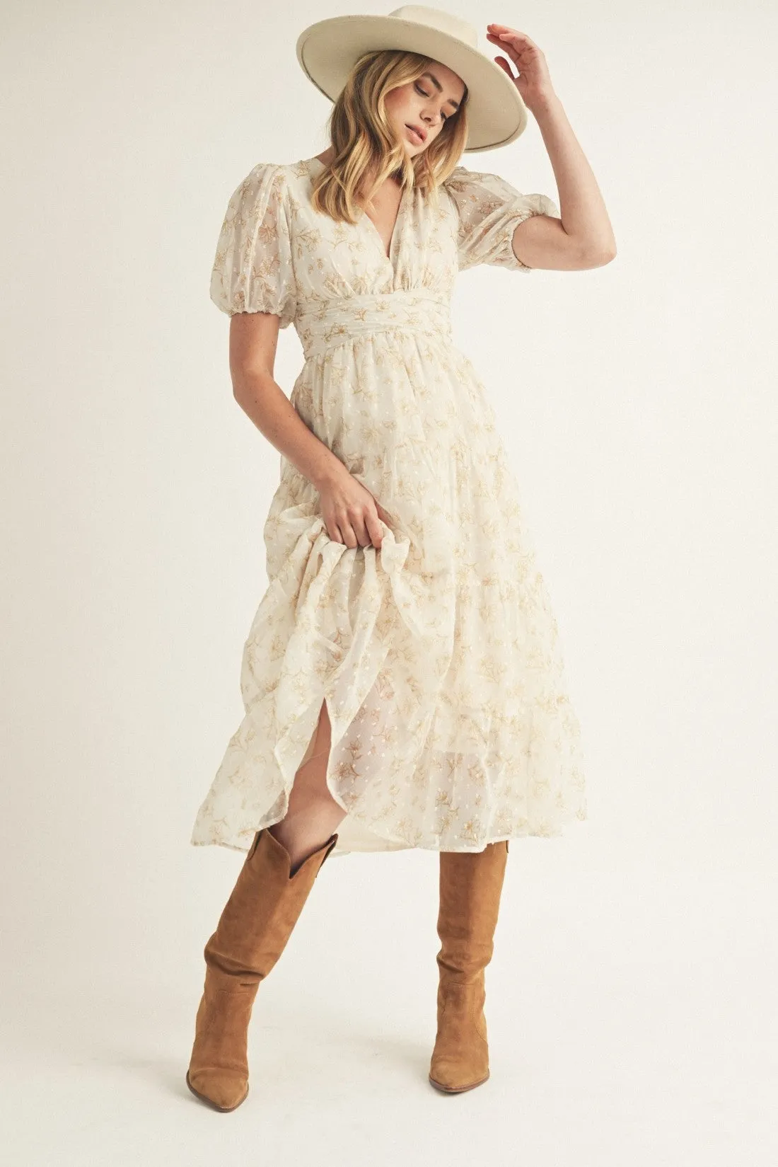 Cream Beige Floral And Swiss Dot Ruffled Midi Dress sold by Pinkblush