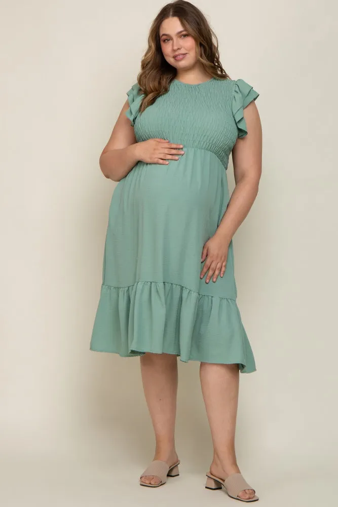 Light Olive Smocked Layered Ruffle Flutter Sleeve Maternity Plus Midi Dress sold by Pinkblush product image thumbnail 4