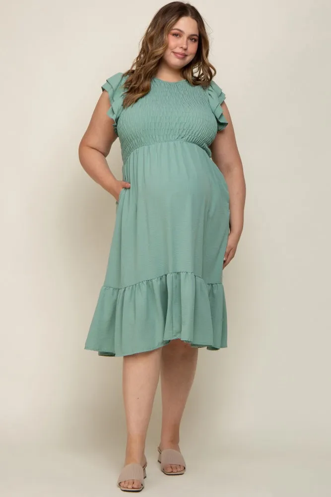 Light Olive Smocked Layered Ruffle Flutter Sleeve Maternity Plus Midi Dress sold by Pinkblush
