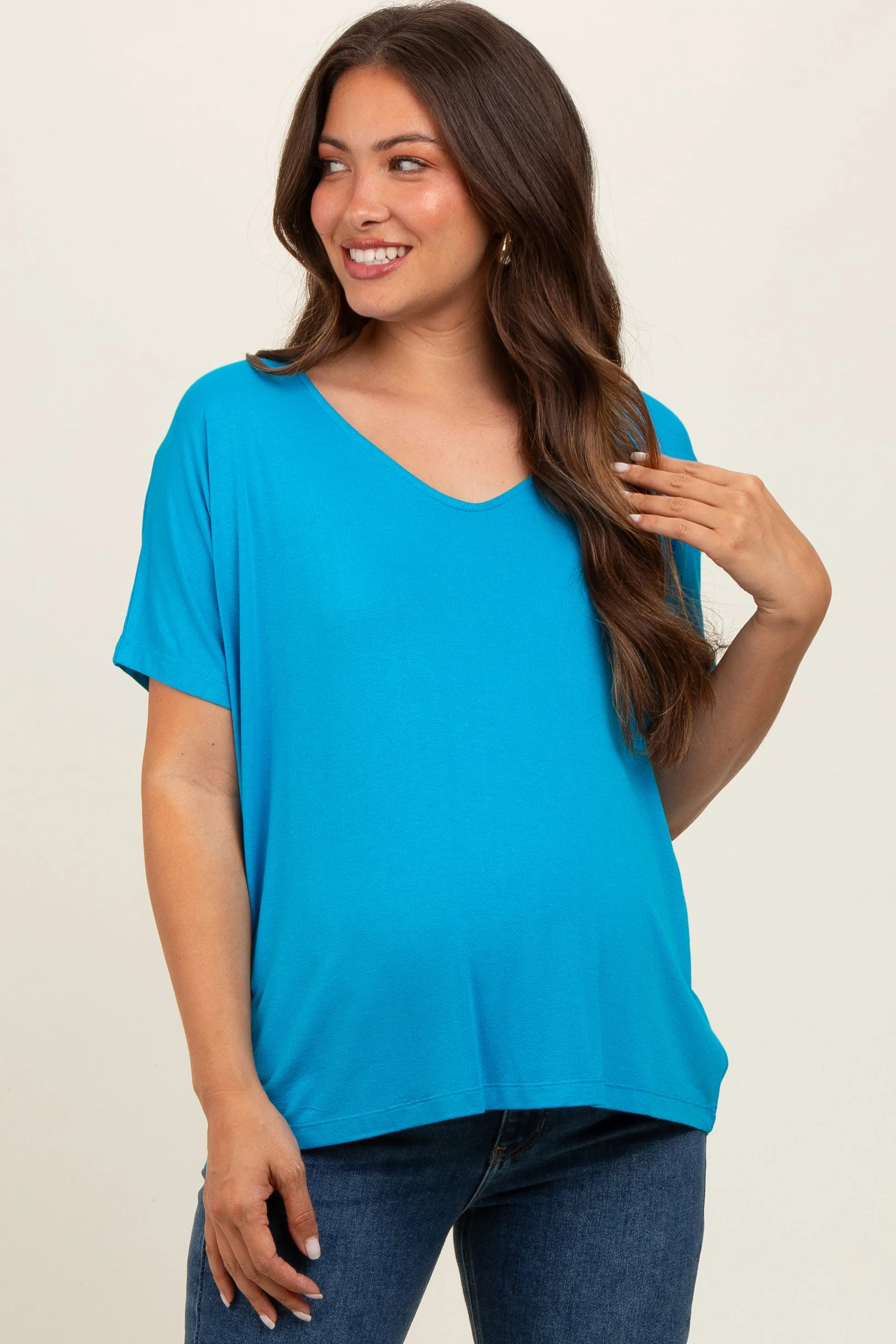 Blue Short Dolman Sleeve V-Neck Maternity Top sold by Pinkblush