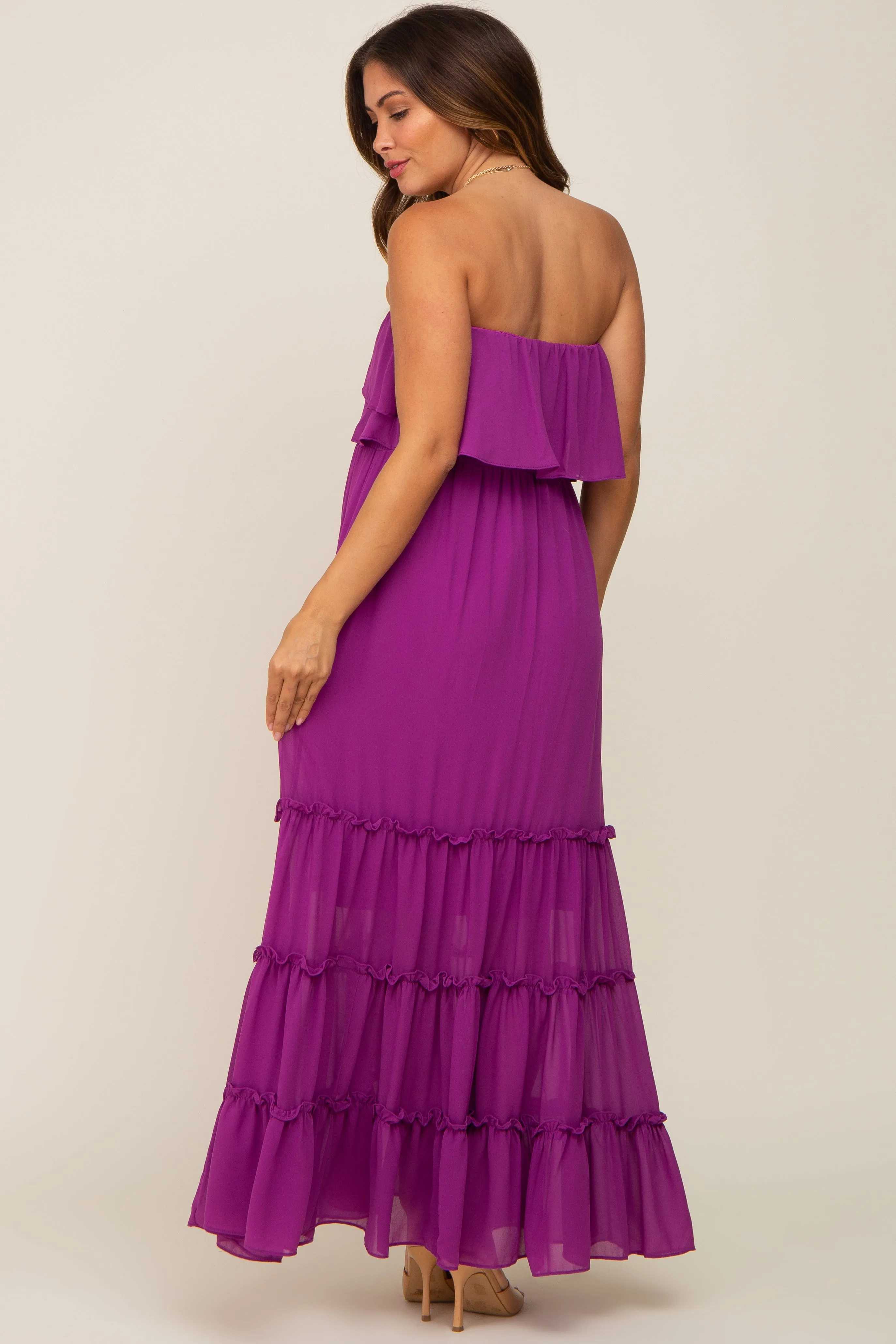 Purple Chiffon Strapless Ruffle Tiered Maternity Maxi Dress sold by Pinkblush product image thumbnail 3