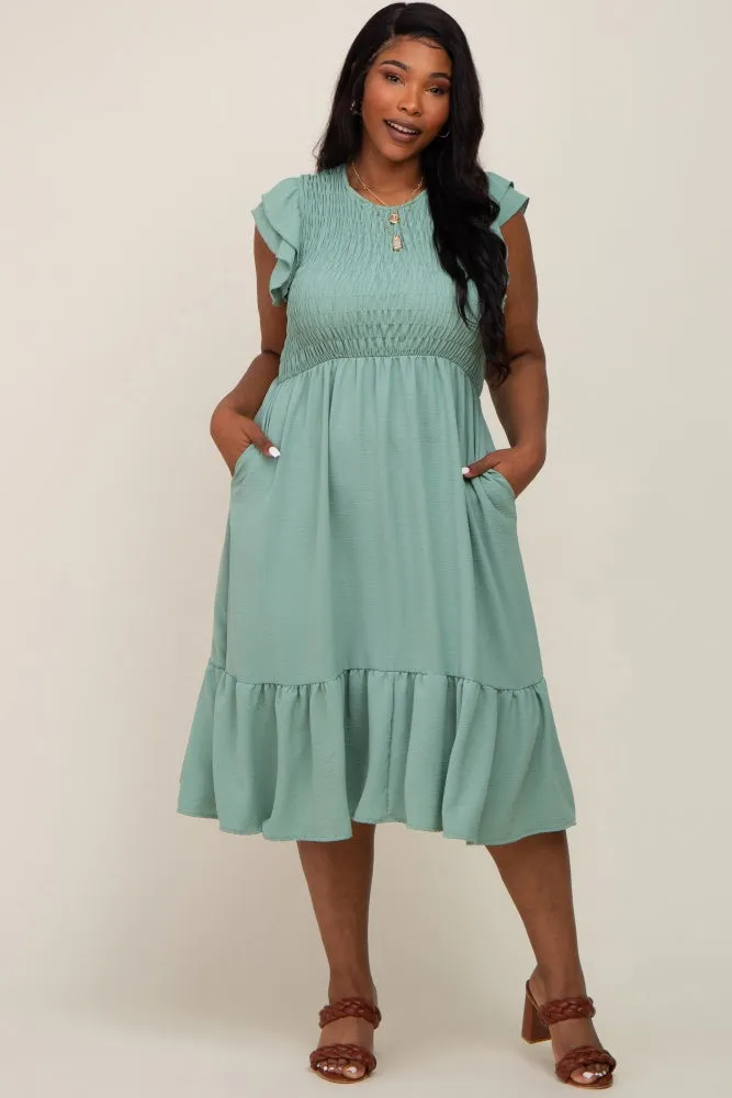 Light Olive Smocked Layered Ruffle Flutter Sleeve Maternity Plus Midi Dress sold by Pinkblush product image thumbnail 5