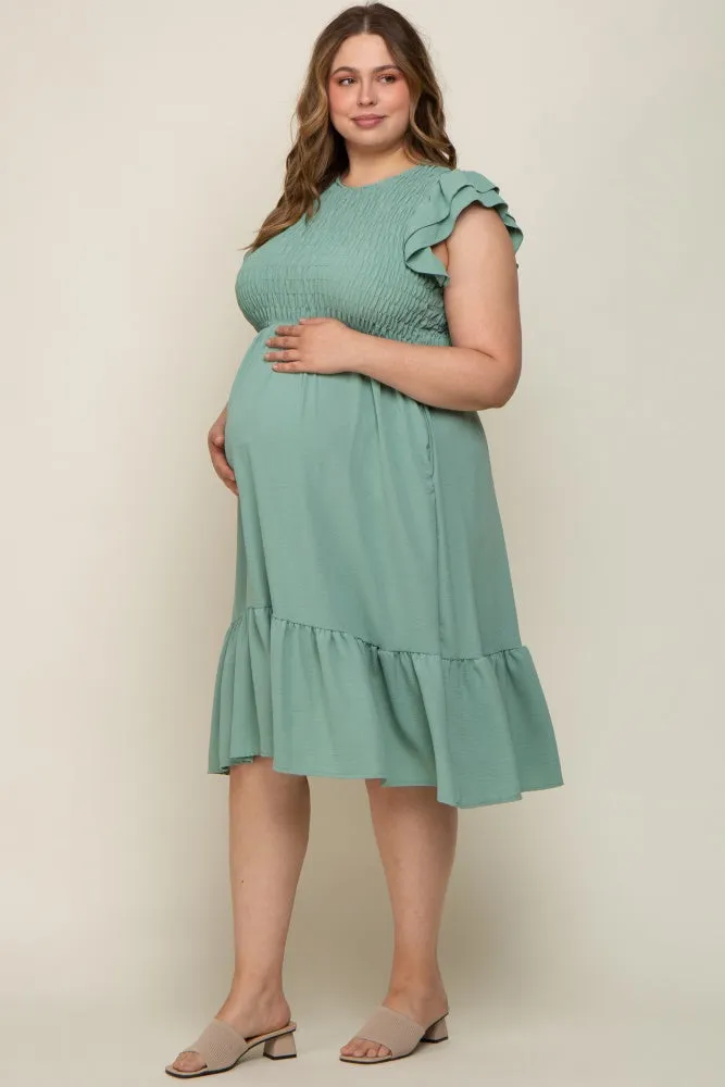 Light Olive Smocked Layered Ruffle Flutter Sleeve Maternity Plus Midi Dress sold by Pinkblush product image thumbnail 2