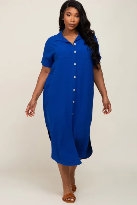 Royal Blue Button Down Hi Low Plus Maxi Dress sold by Pinkblush