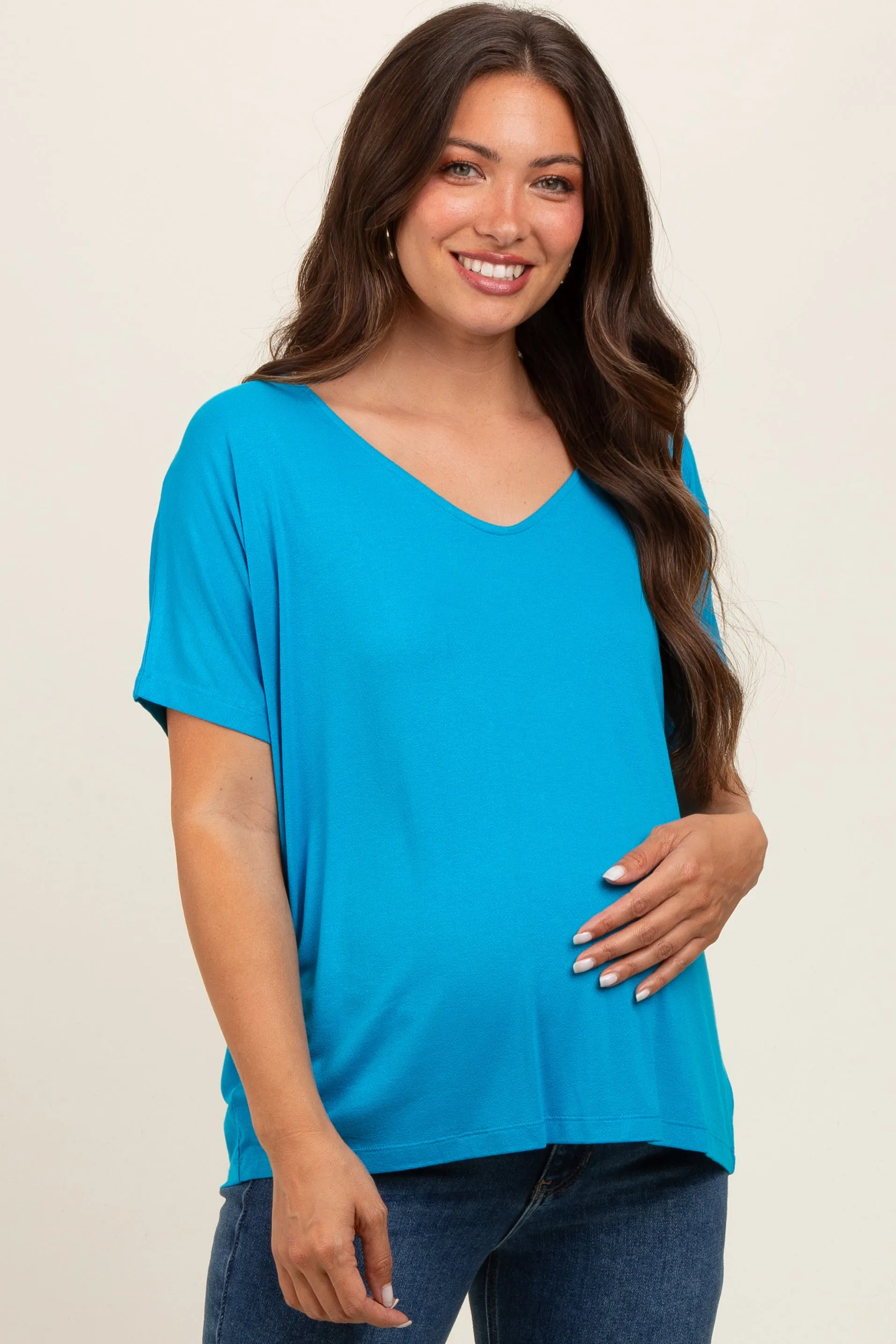Blue Short Dolman Sleeve V-Neck Maternity Top sold by Pinkblush product image thumbnail 2