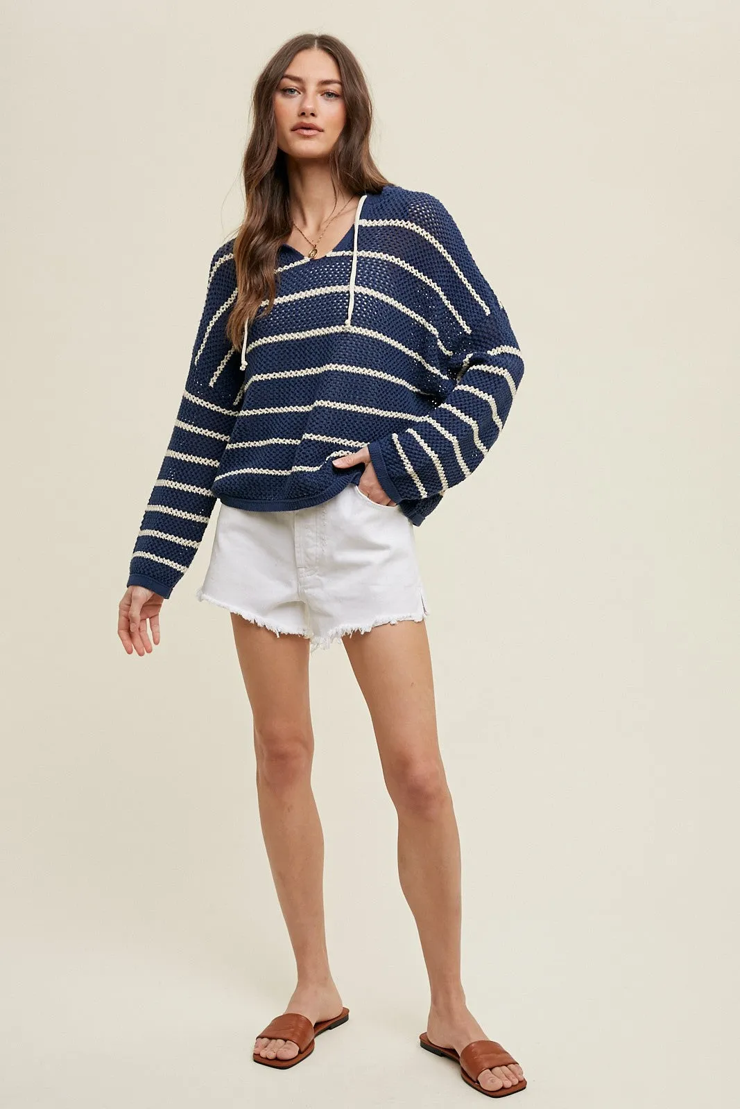 Navy Striped Open Knit Hooded Long Sleeve Top sold by Pinkblush product image thumbnail 2