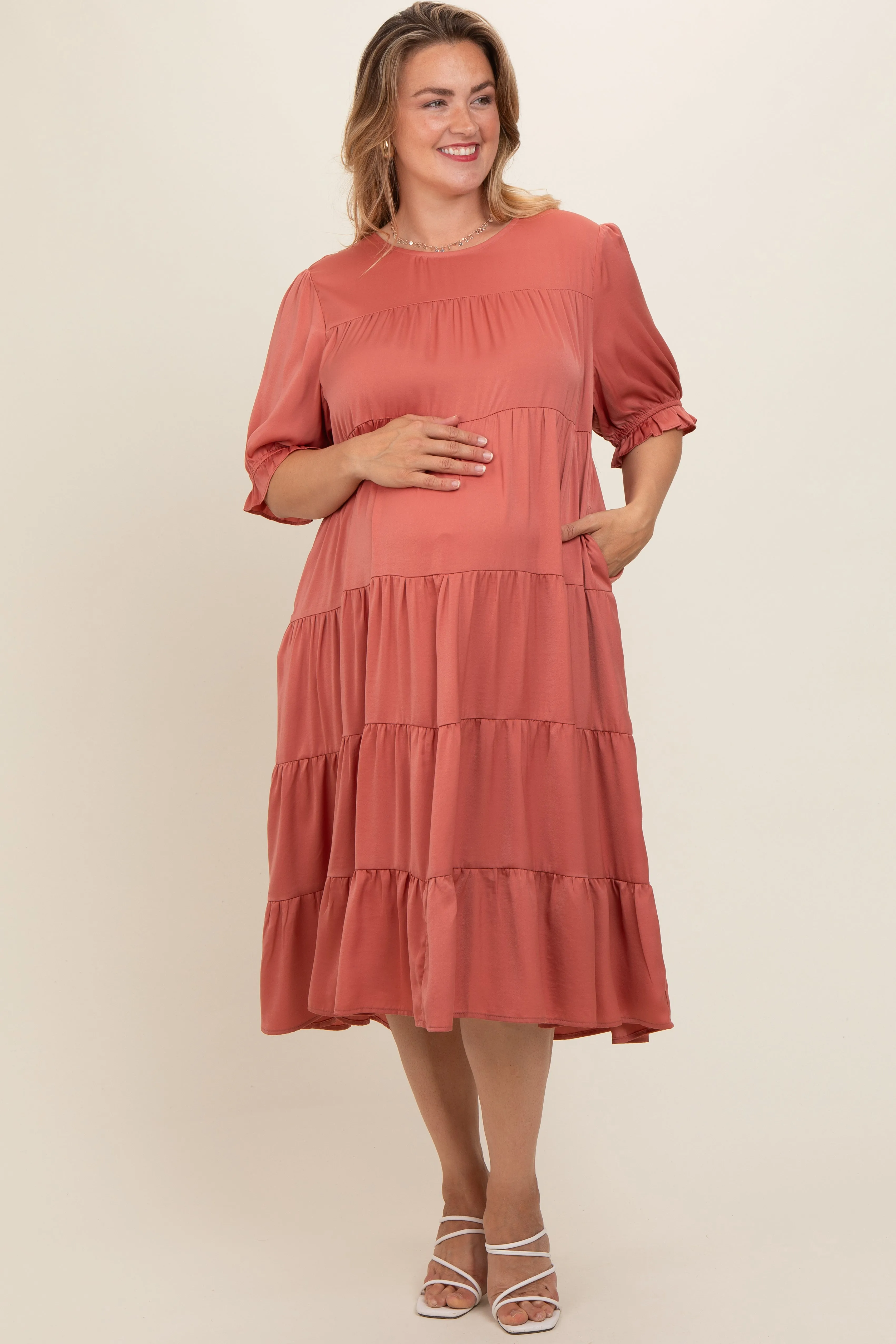 Salmon Satin Tiered Maternity Plus Dress sold by Pinkblush