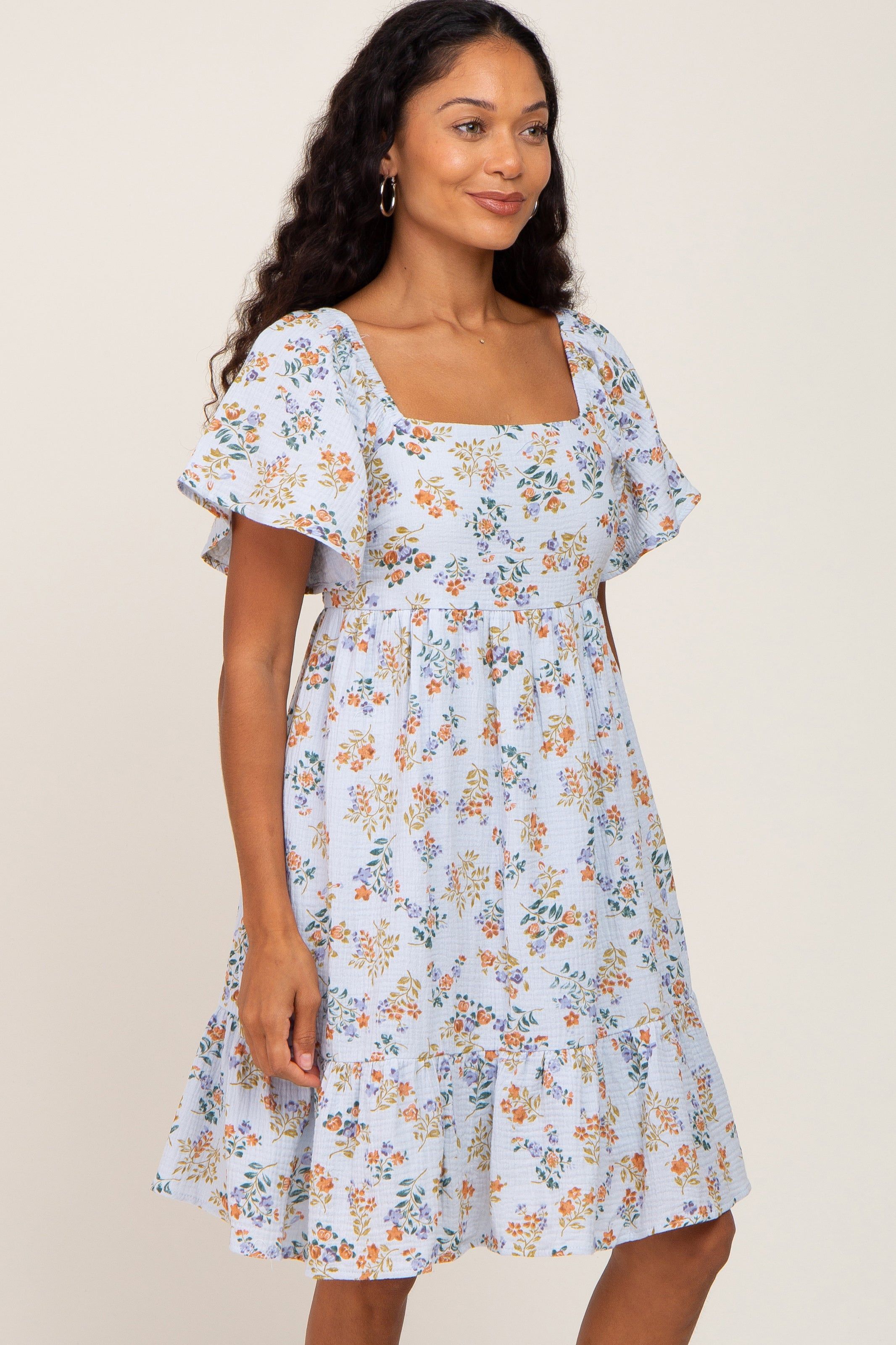 Light Blue Floral Gauze Square Neck Short Sleeve Dress sold by Pinkblush product image thumbnail 2