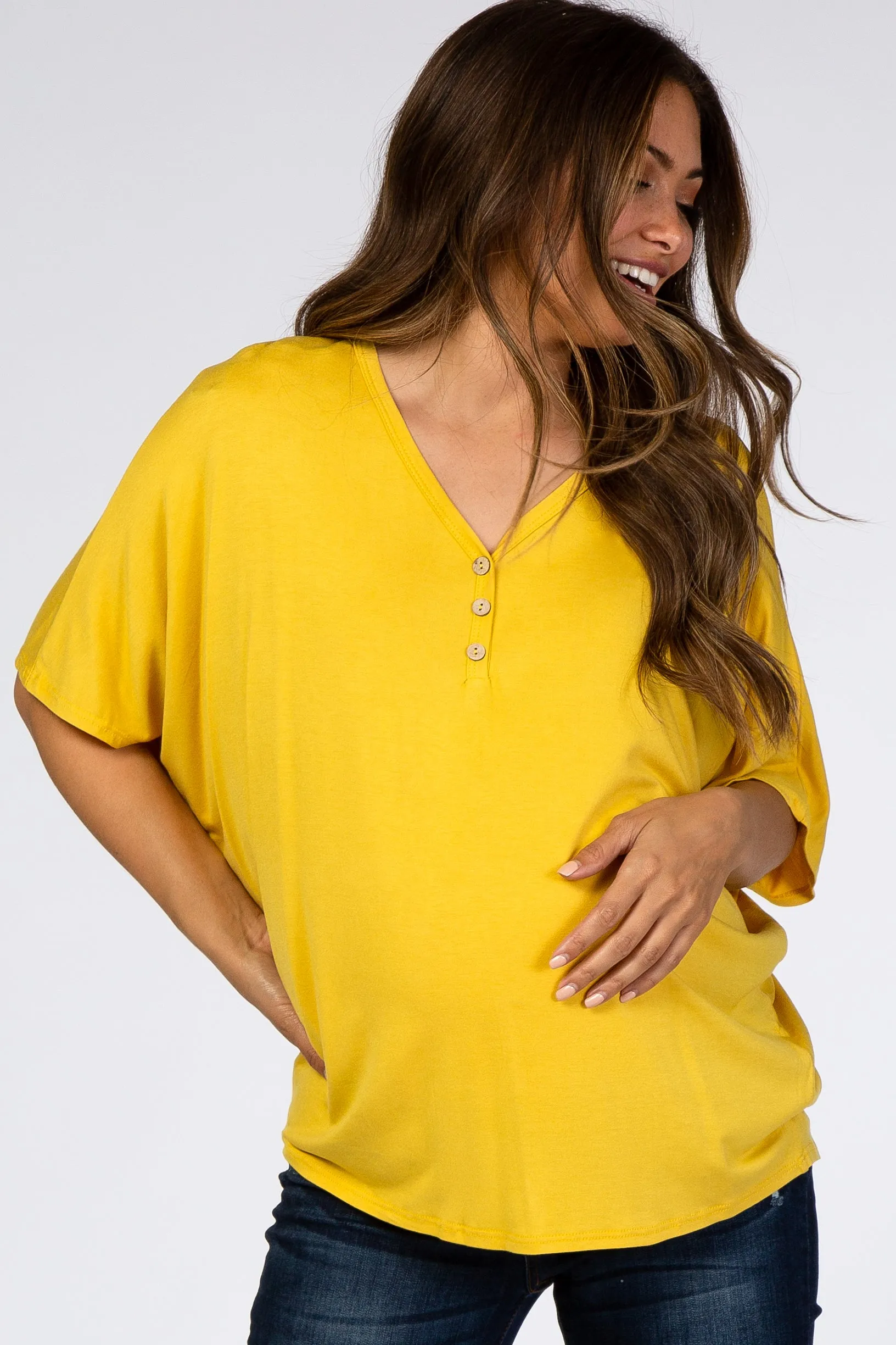 Mustard Button Front Maternity Tunic sold by Pinkblush