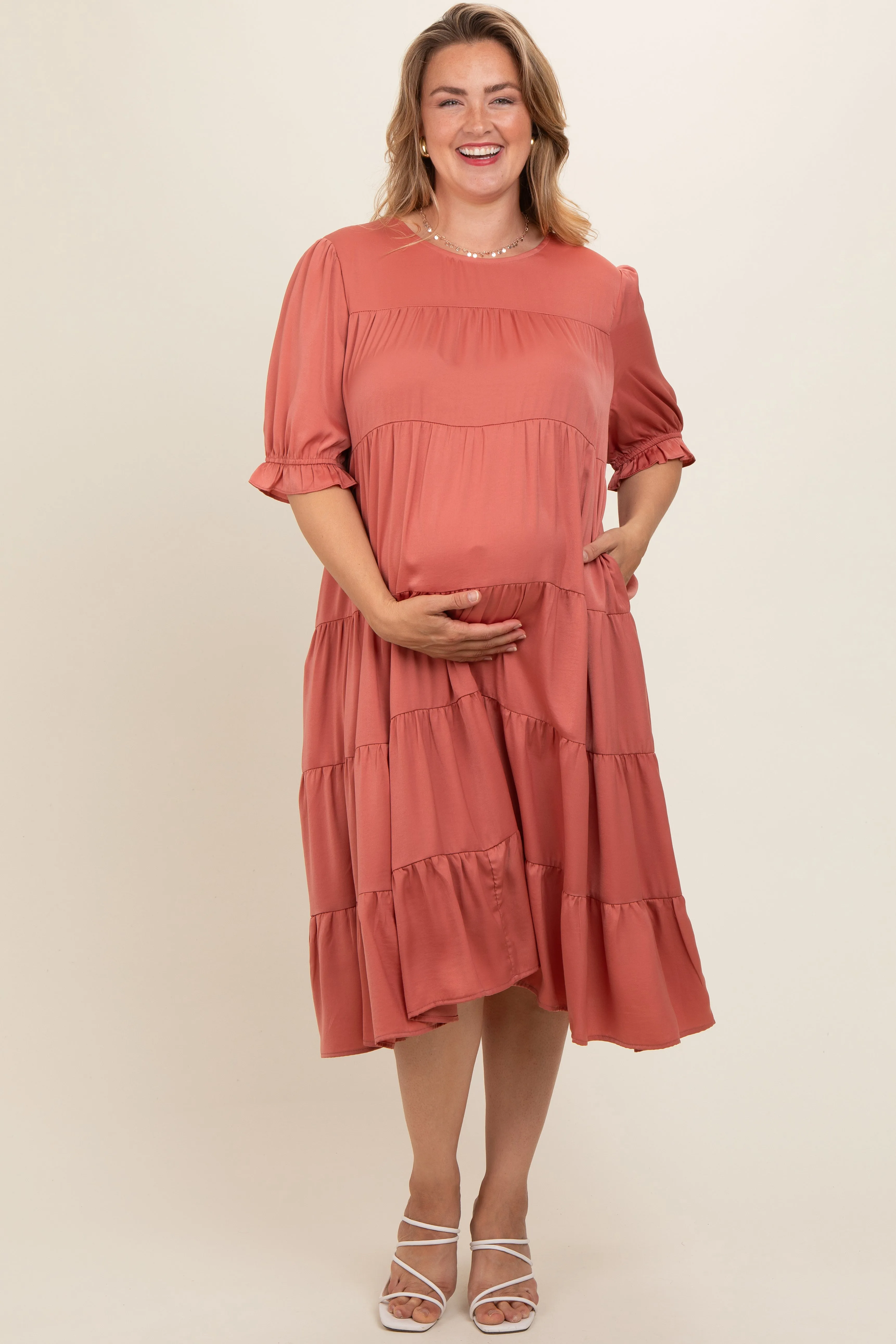 Salmon Satin Tiered Maternity Plus Dress sold by Pinkblush product image thumbnail 2