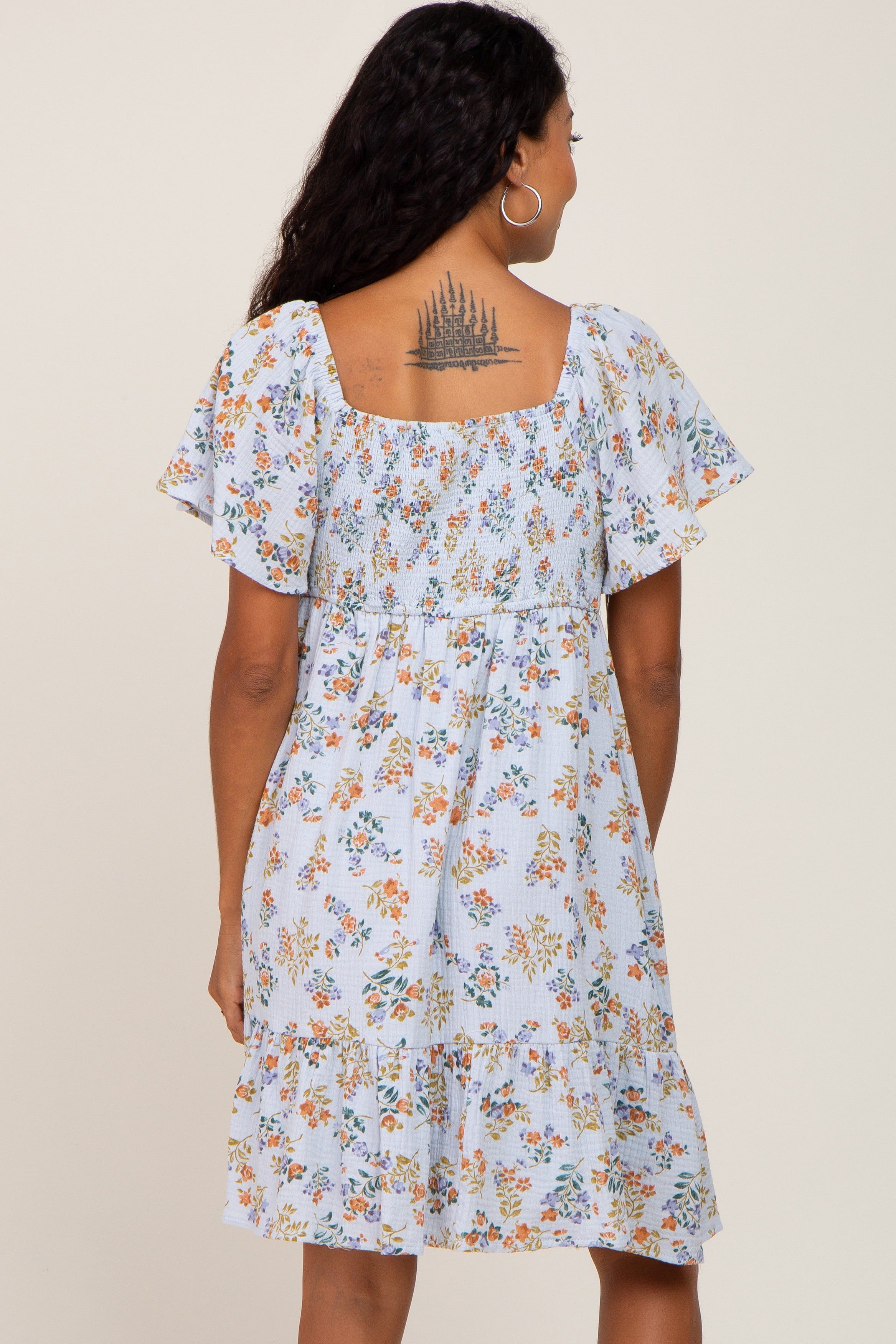Light Blue Floral Gauze Square Neck Short Sleeve Dress sold by Pinkblush product image thumbnail 3