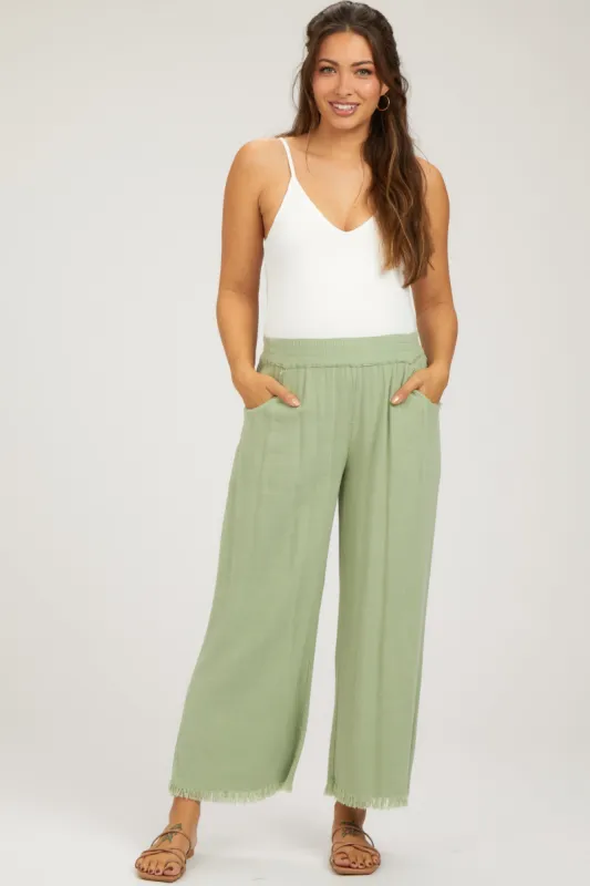 Sage Linen Frayed Hem Crop Maternity Pants sold by Pinkblush