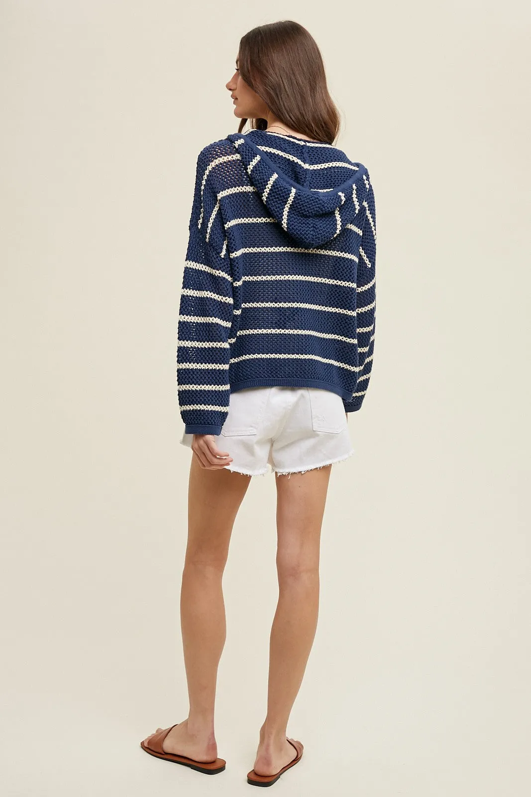 Navy Striped Open Knit Hooded Long Sleeve Top sold by Pinkblush product image thumbnail 4