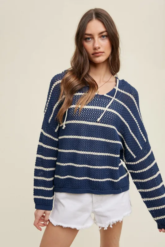 Navy Striped Open Knit Hooded Long Sleeve Top sold by Pinkblush
