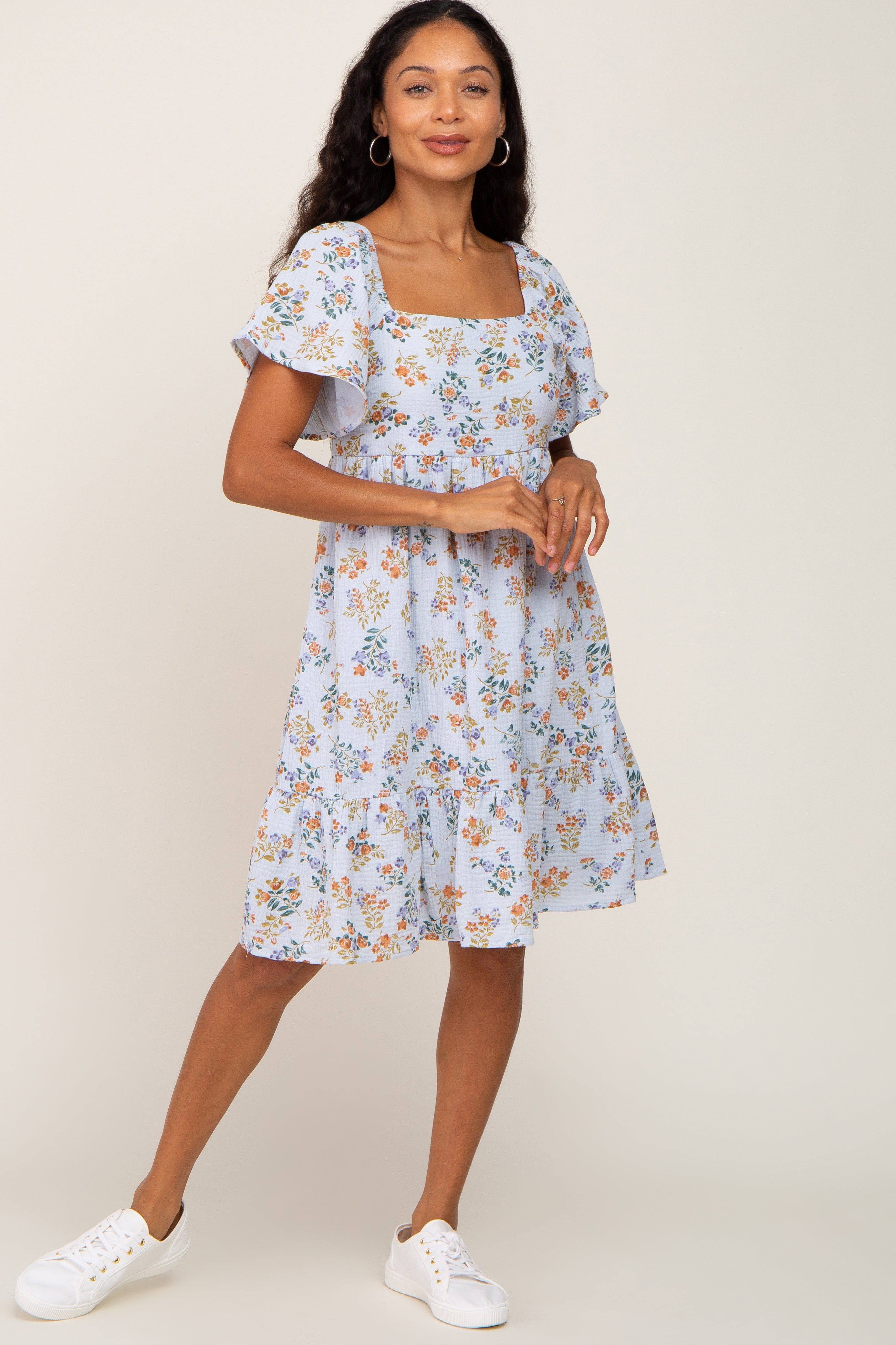 Light Blue Floral Gauze Square Neck Short Sleeve Dress sold by Pinkblush product image thumbnail 4