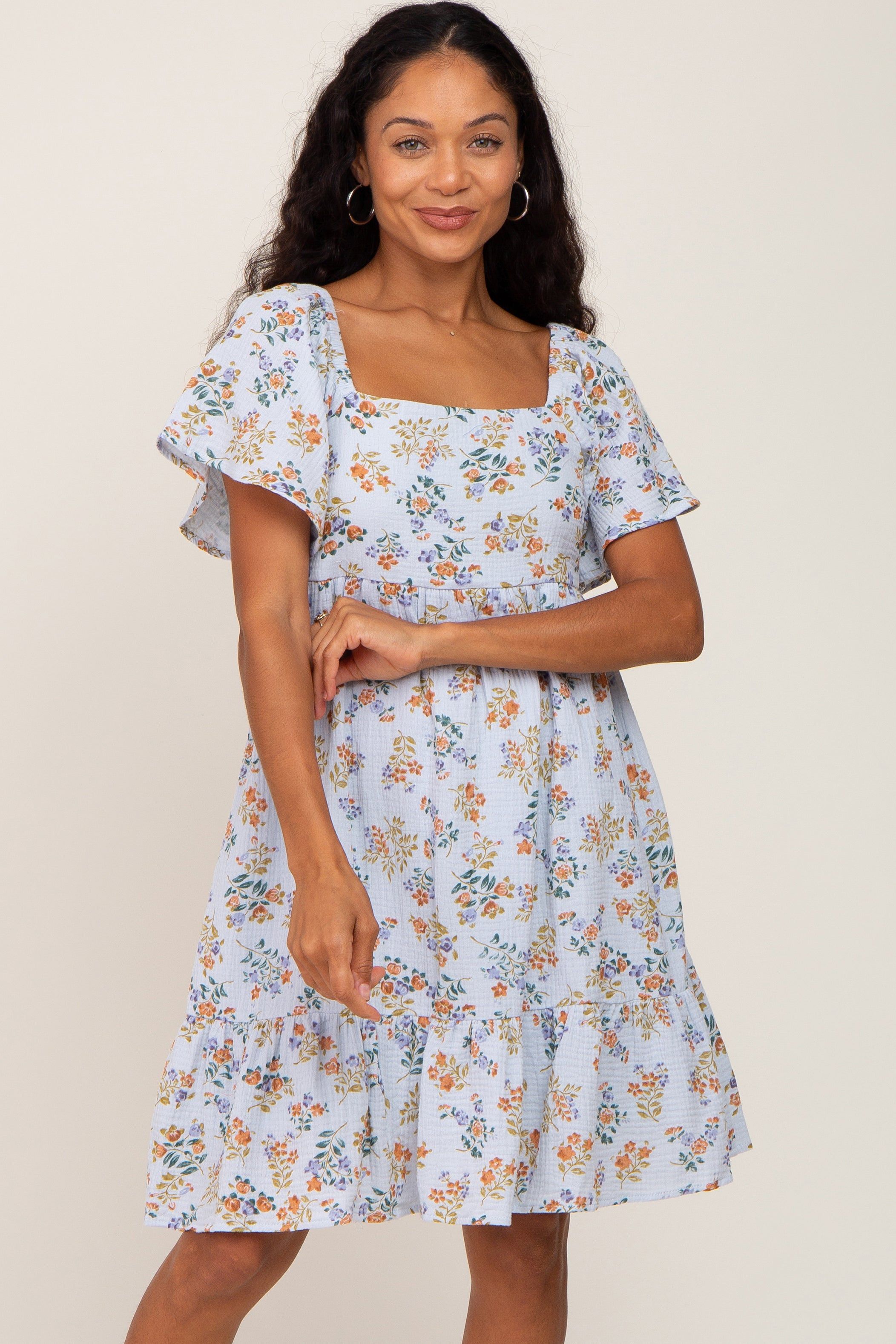 Light Blue Floral Gauze Square Neck Short Sleeve Dress sold by Pinkblush