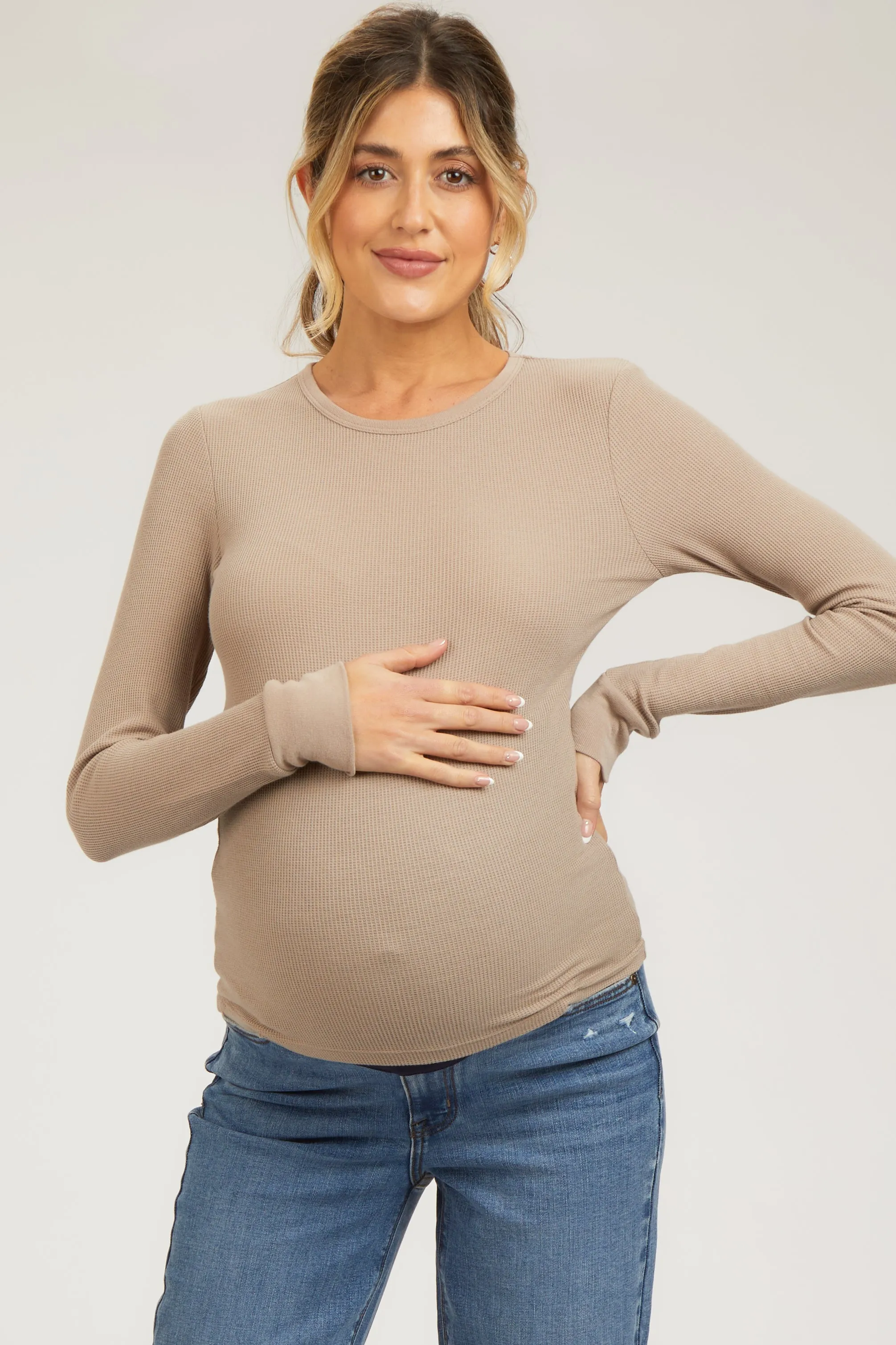 Taupe Waffle Knit Basic Long Sleeve Maternity Top sold by Pinkblush