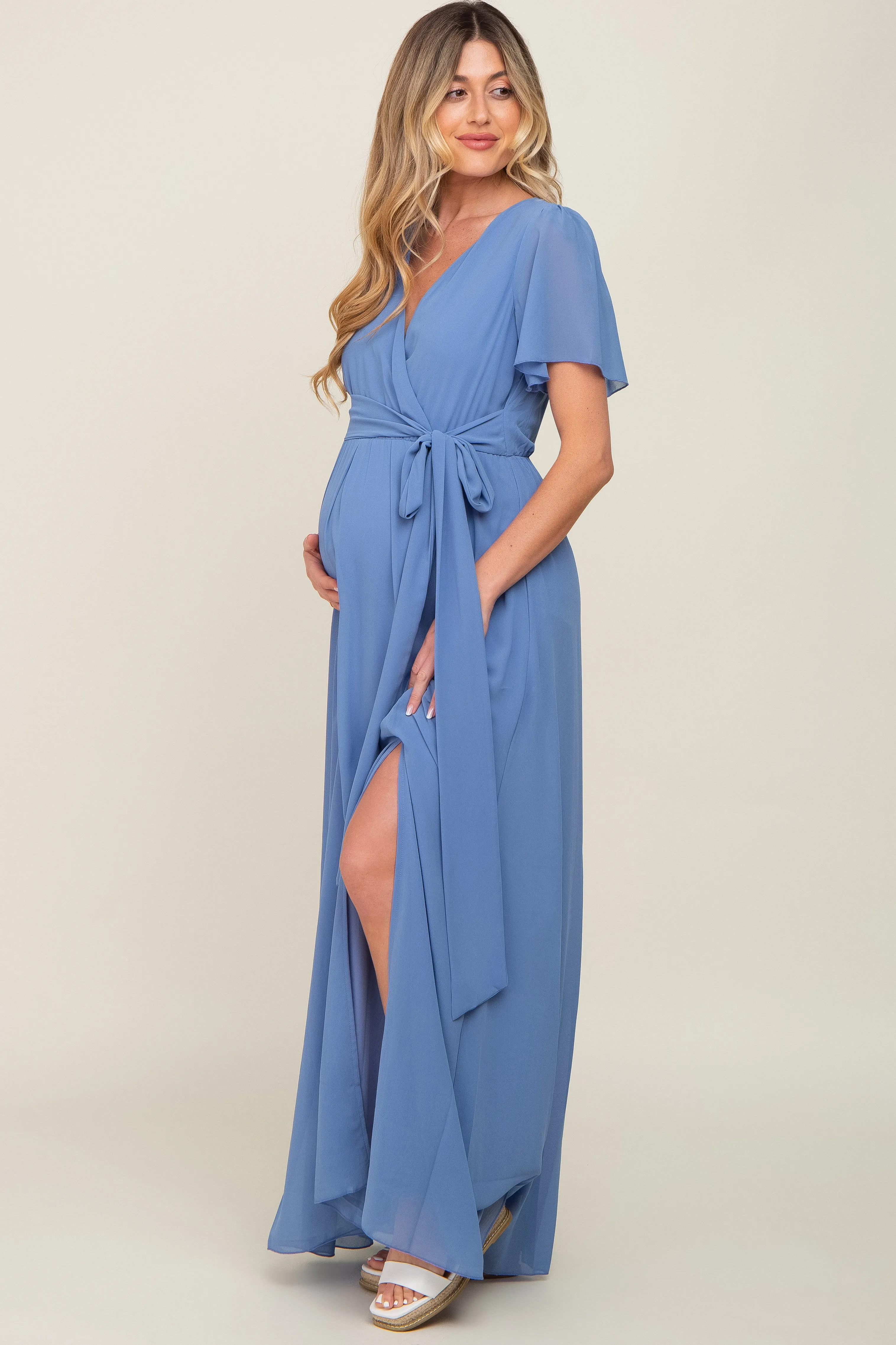Blue Chiffon Short Sleeve Wrap V-Neck Front Slit Maternity Maxi Dress sold by Pinkblush product image thumbnail 3
