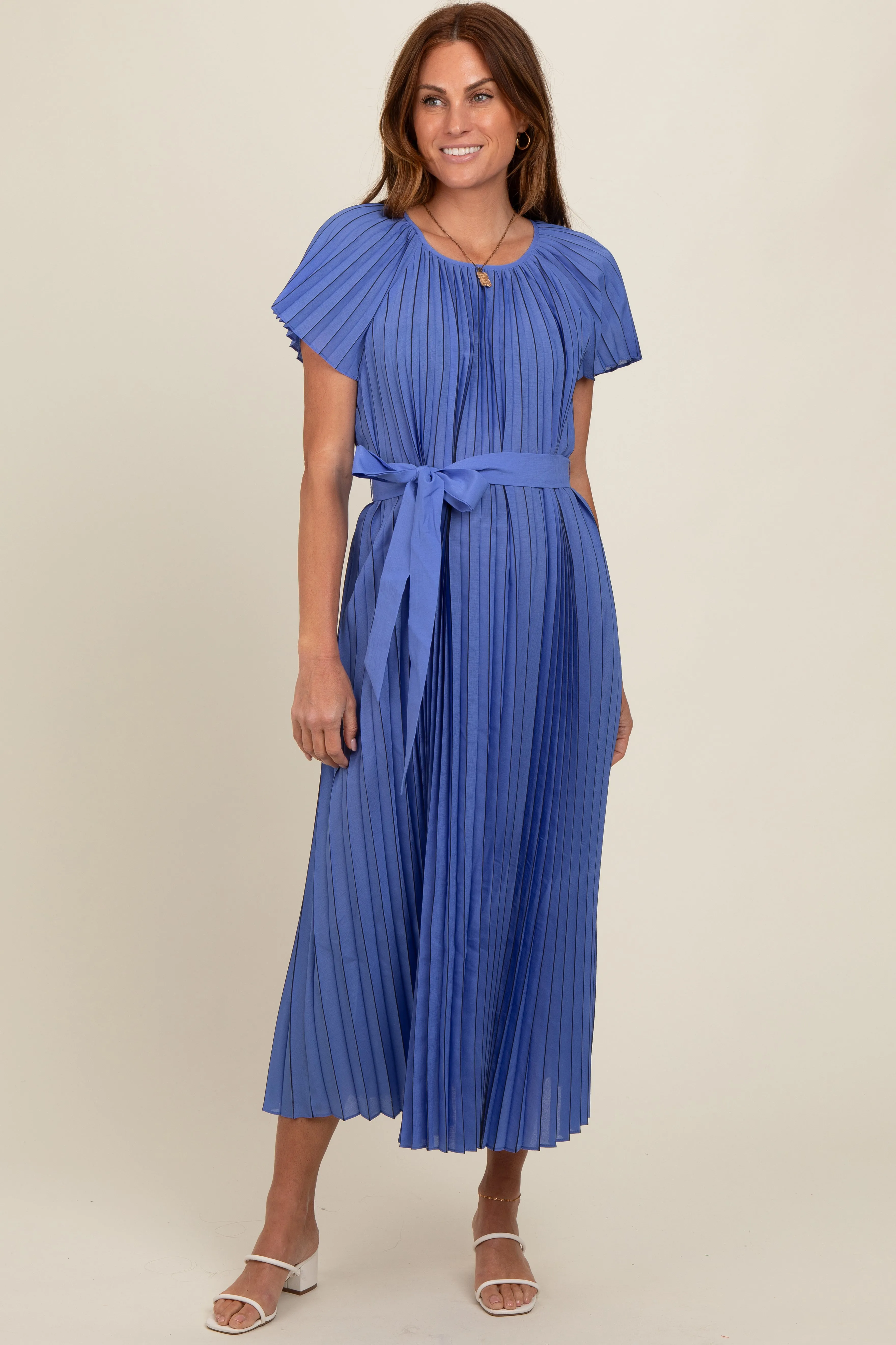 Blue Pleated Sash Tie Midi Dress sold by Pinkblush